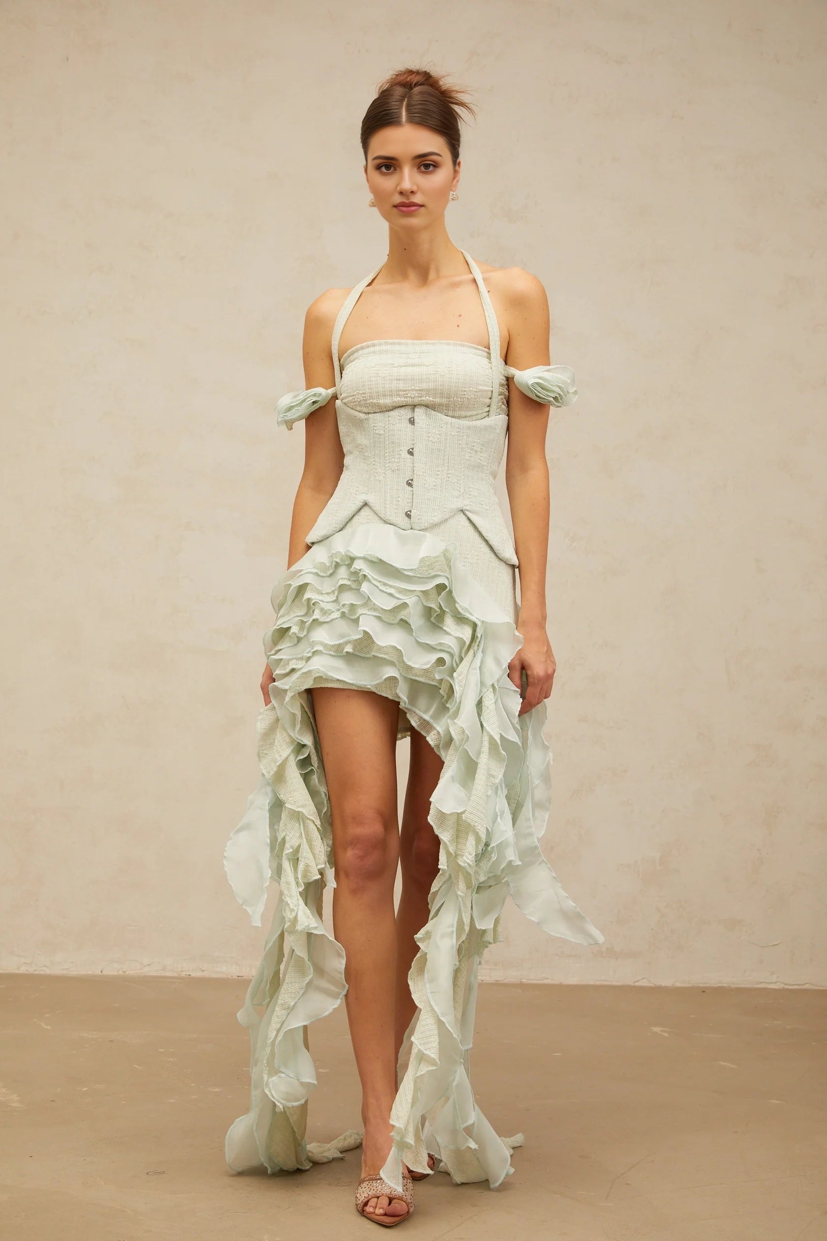 Mint Green Halter Neck Ruffled High - Low Dress green floral-appliqué asymmetrical ruffled mini dress Evening Dress