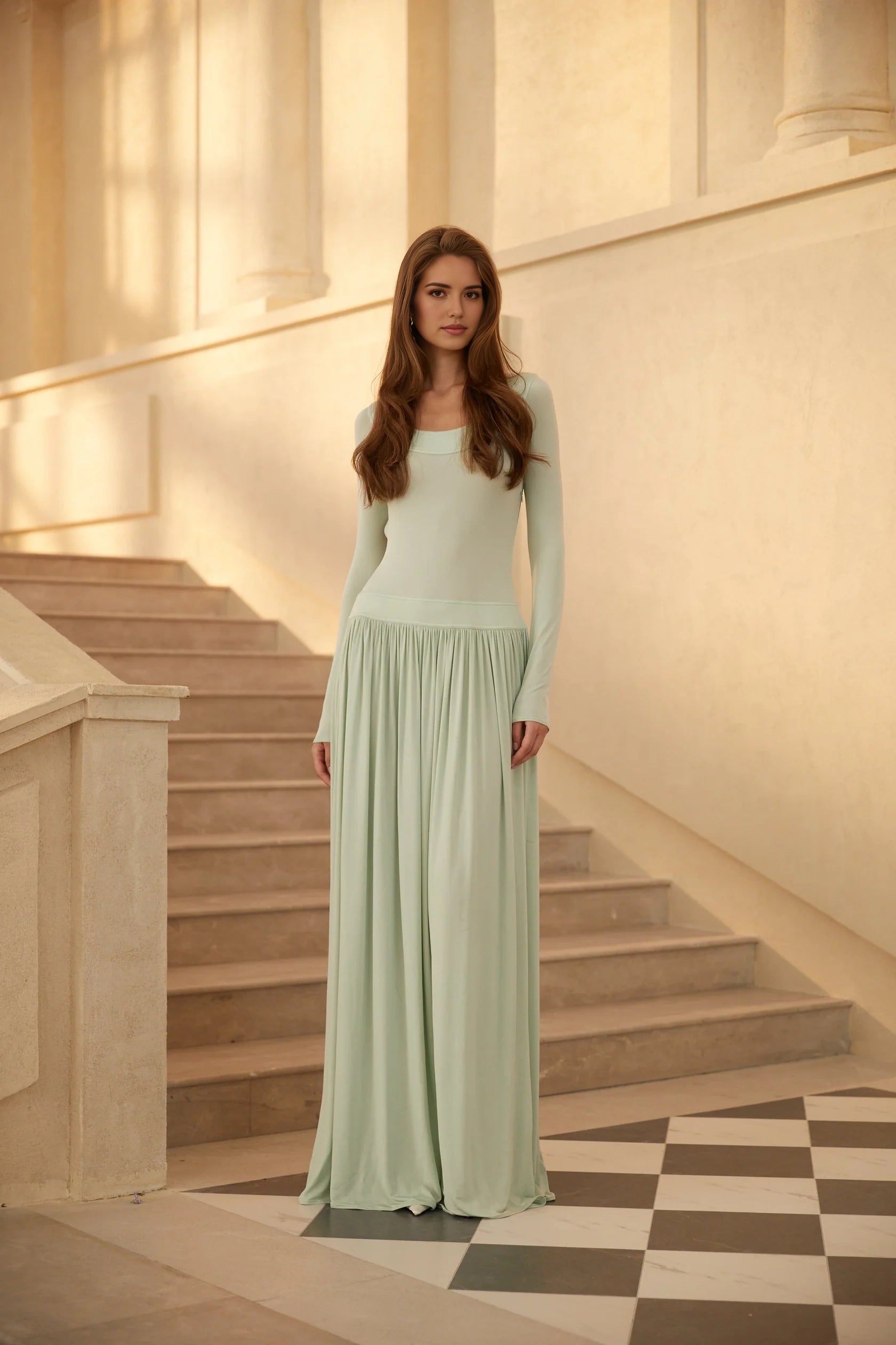 Mint Green Long Sleeve Maxi Dress with Open Back Bow Campagne Green Open-Back Shirred Maxi Dress Evening Dress