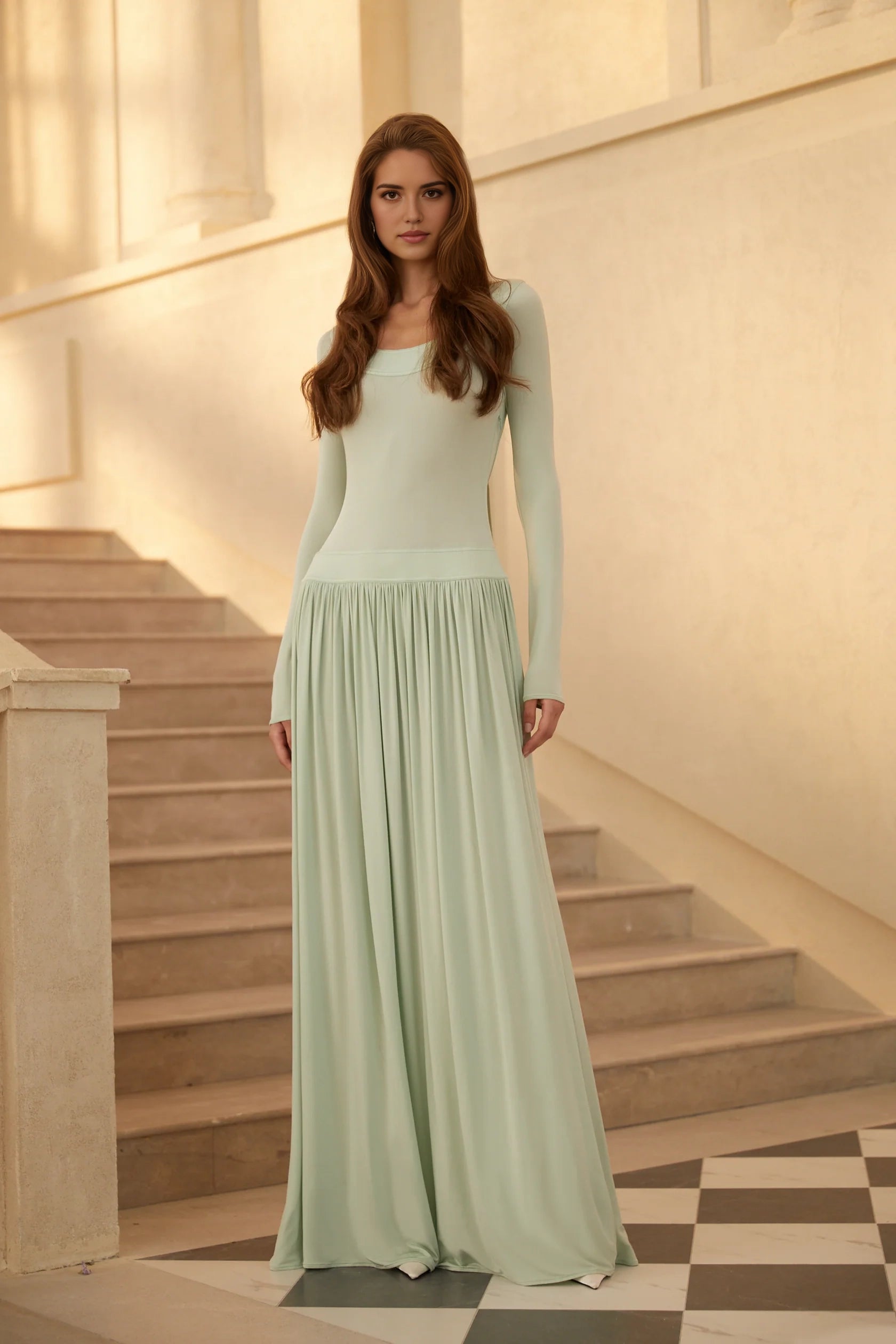 Mint Green Long Sleeve Maxi Dress with Open Back Bow Campagne Green Open-Back Shirred Maxi Dress Evening Dress