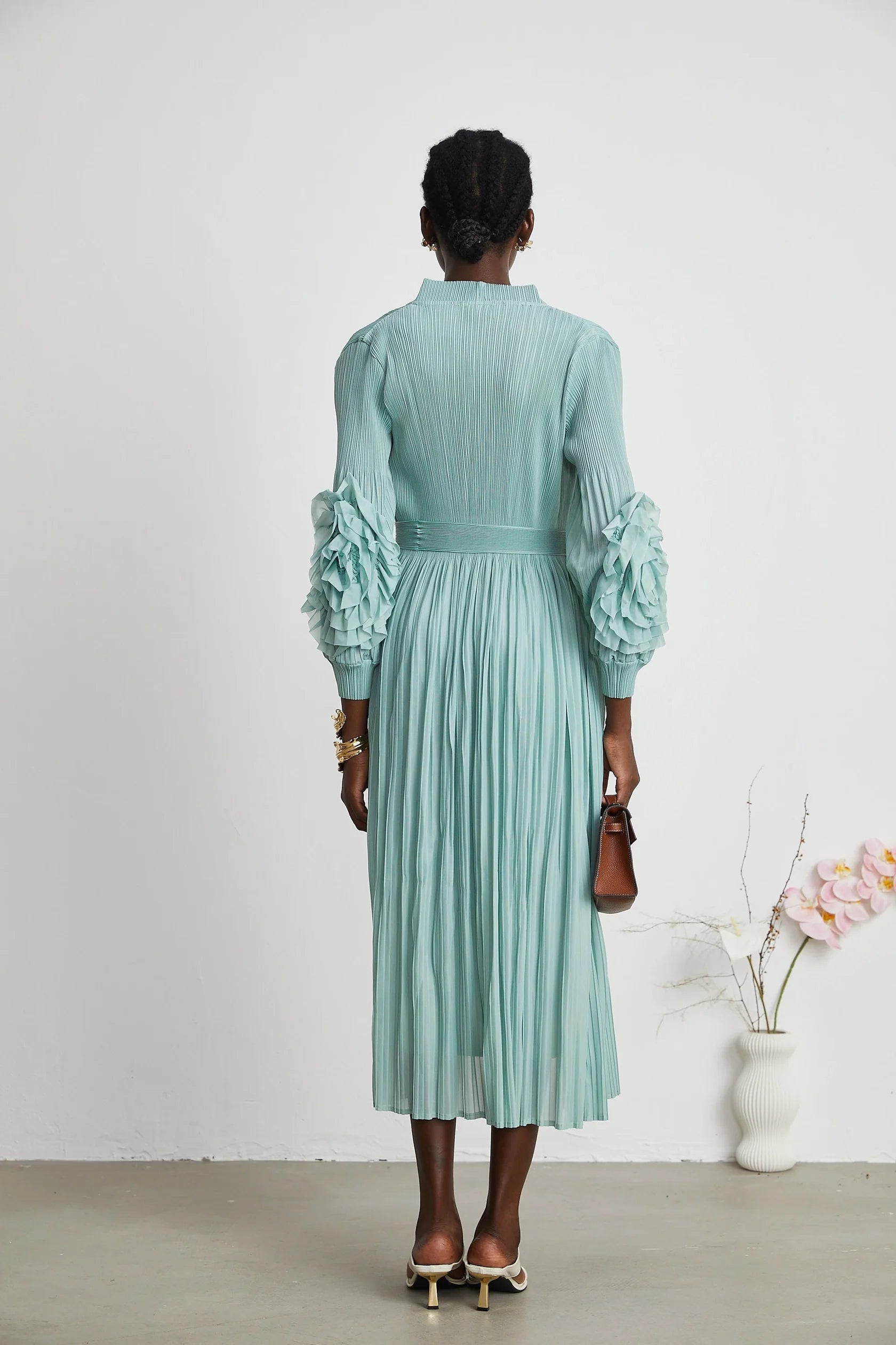 Mint Green Pleated Ruffle - Sleeve Midi Dress faux-flower knitted dress & coat matching set Evening Dress