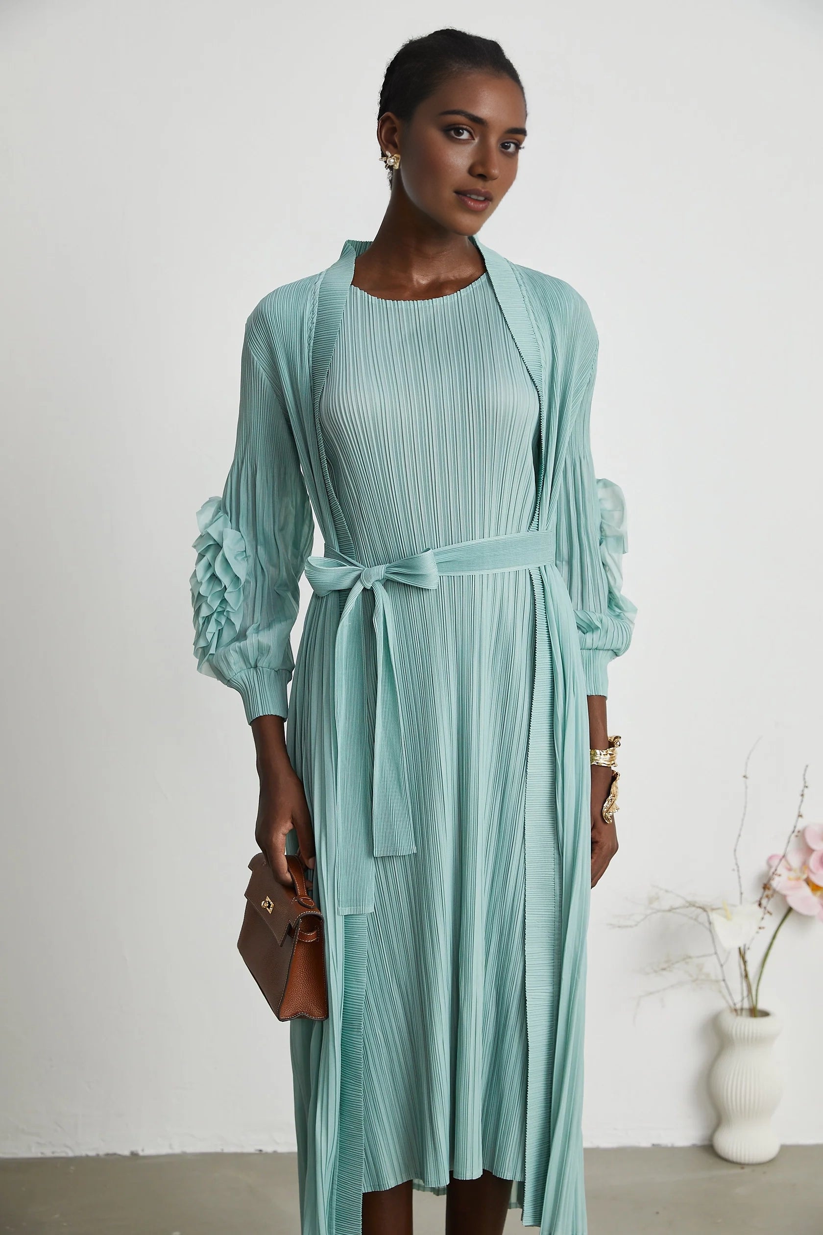 Mint Green Pleated Ruffle - Sleeve Midi Dress faux-flower knitted dress & coat matching set Evening Dress