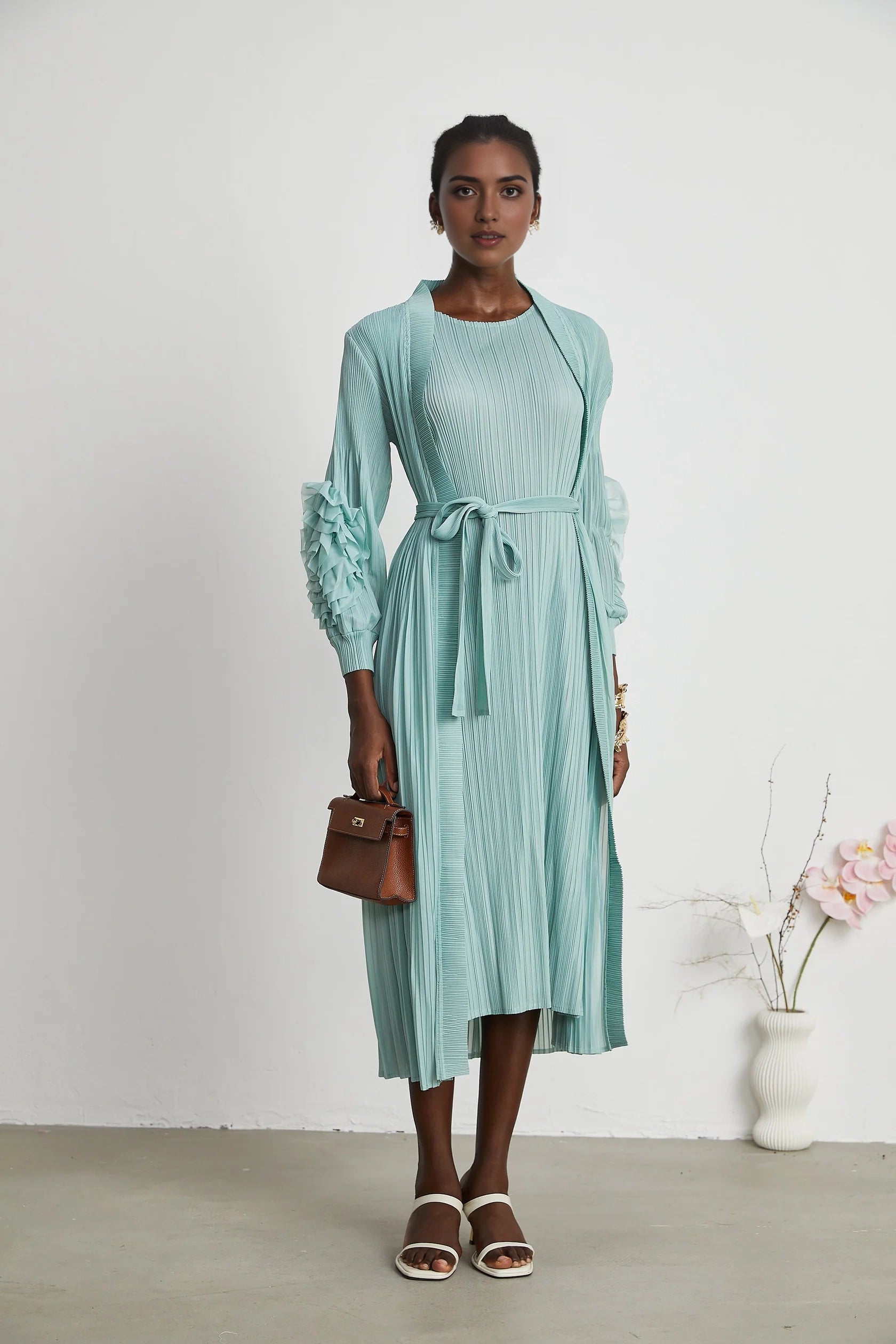 Mint Green Pleated Ruffle - Sleeve Midi Dress faux-flower knitted dress & coat matching set Evening Dress