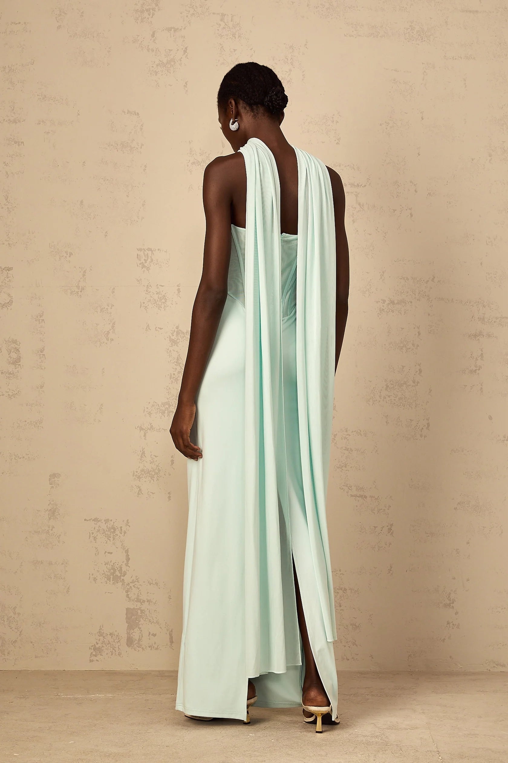Mint Green Strapless Corset Maxi Dress with Draped Scarf Tulle Panel Corset Maxi Dress in Mint Green Evening Dress