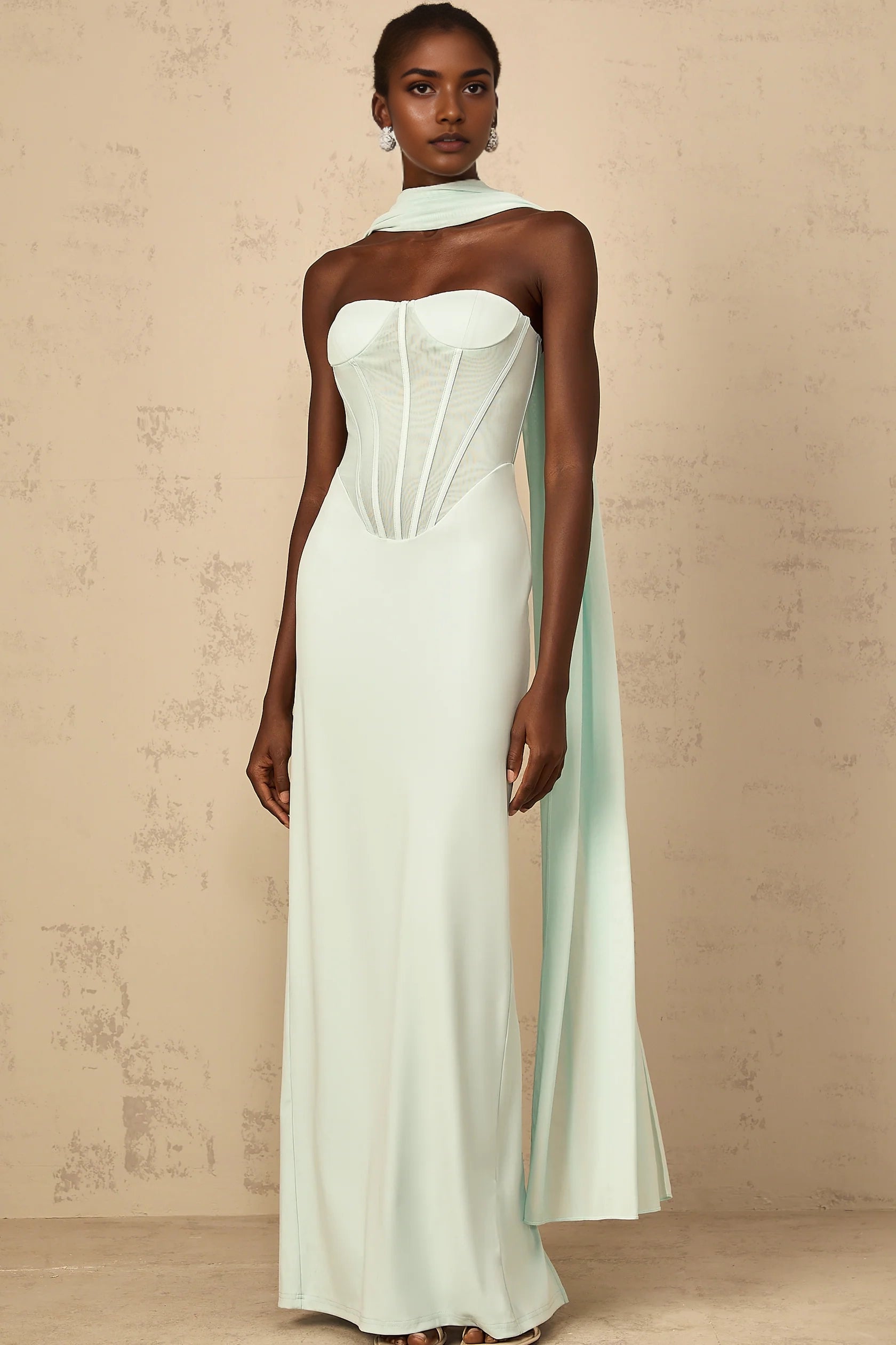 Mint Green Strapless Corset Maxi Dress with Draped Scarf Tulle Panel Corset Maxi Dress in Mint Green Evening Dress