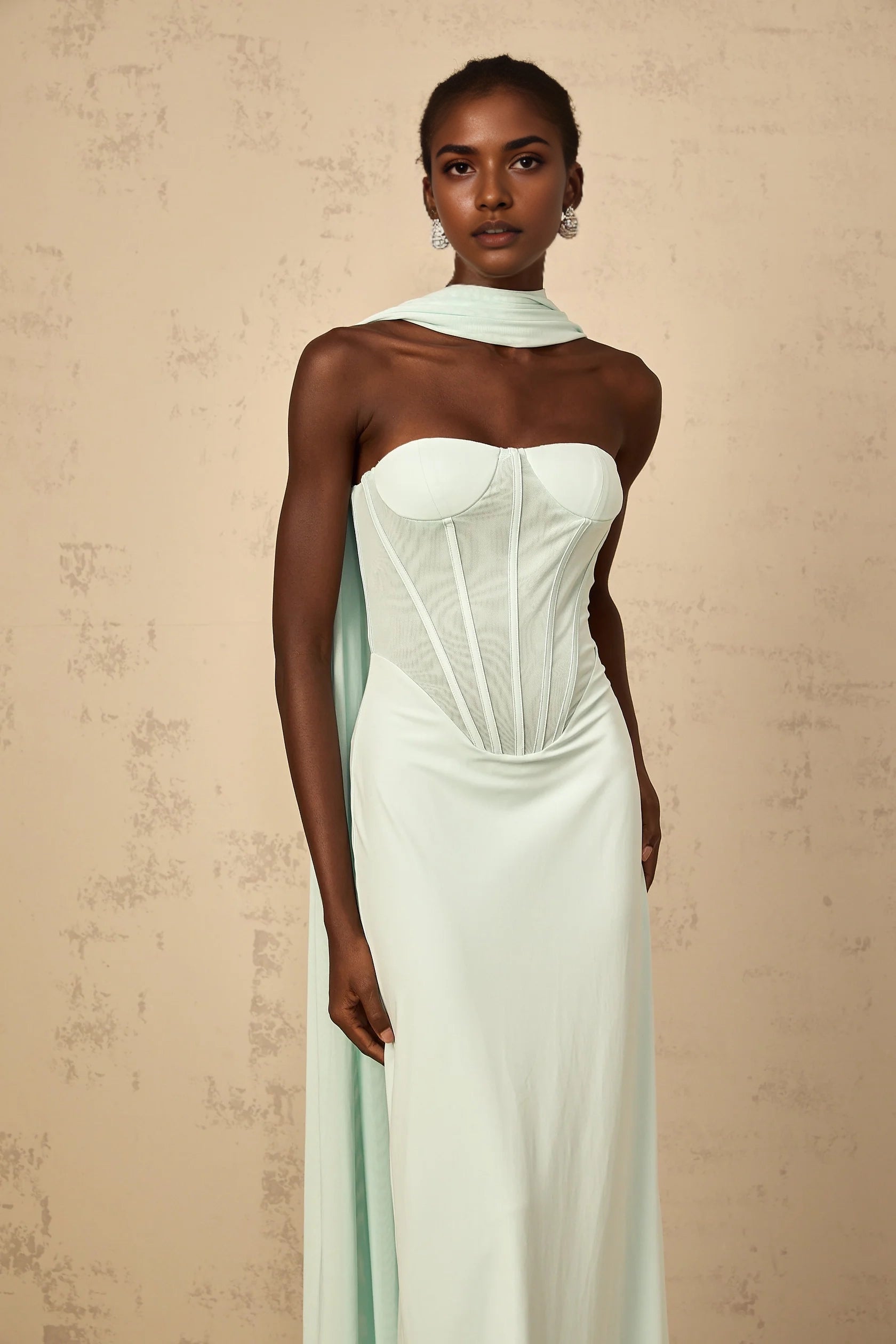 Mint Green Strapless Corset Maxi Dress with Draped Scarf Tulle Panel Corset Maxi Dress in Mint Green Evening Dress