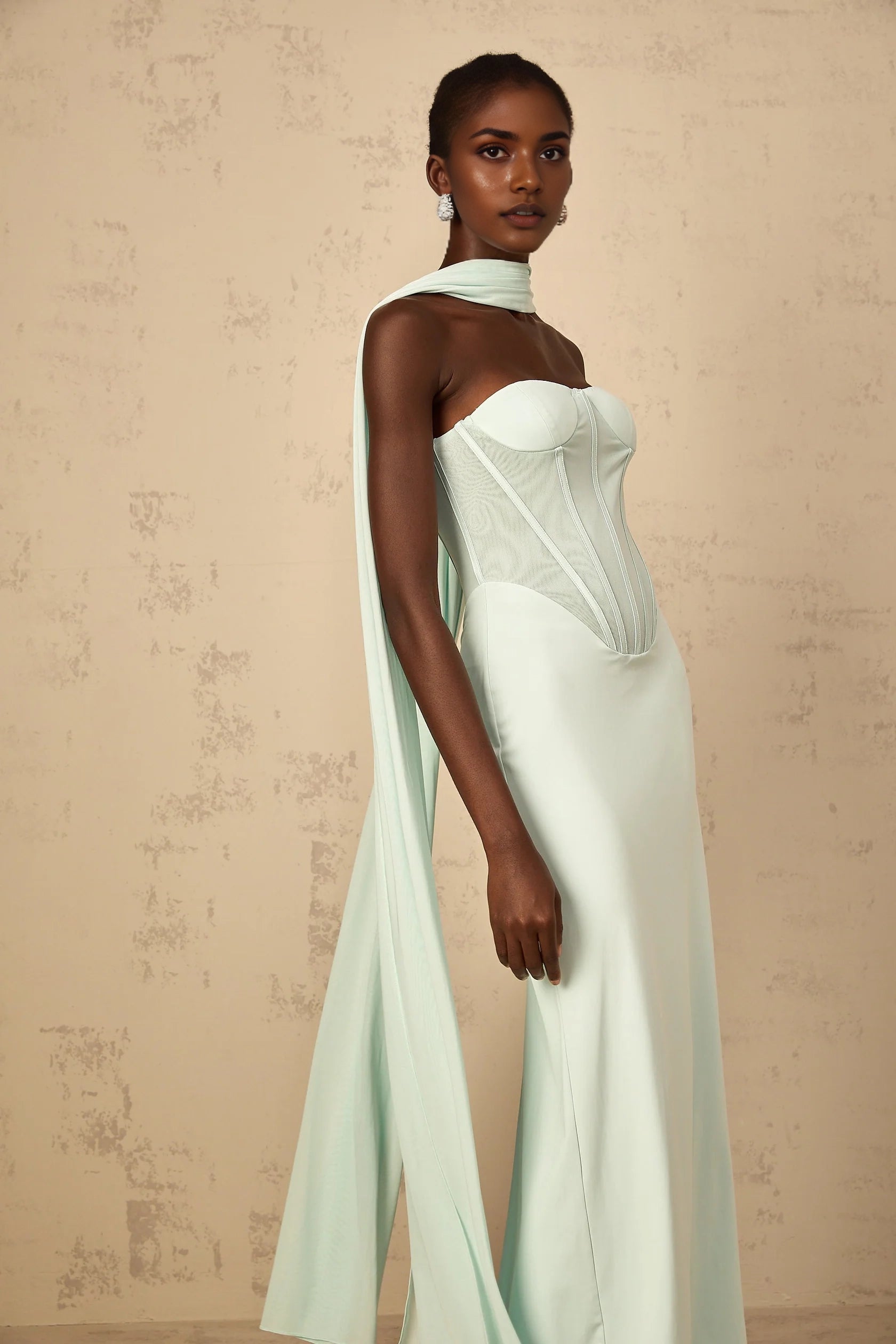 Mint Green Strapless Corset Maxi Dress with Draped Scarf Tulle Panel Corset Maxi Dress in Mint Green Evening Dress