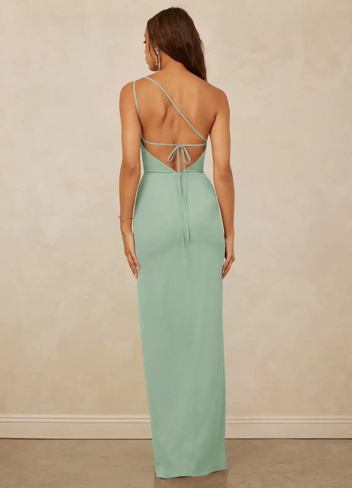 Mint Green One-Shoulder Open Back Evening Gown with Side Slit Agave Sheath One Chiffon Bridesmaid Dresses