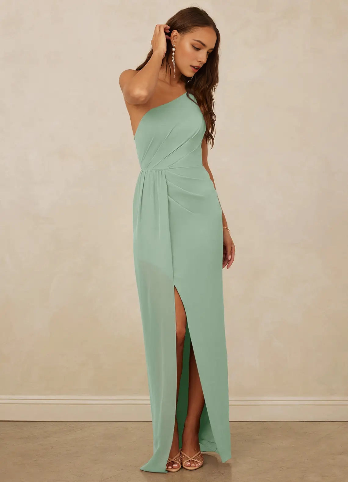 Mint Green One-Shoulder Open Back Evening Gown with Side Slit Agave Sheath One Chiffon Bridesmaid Dresses