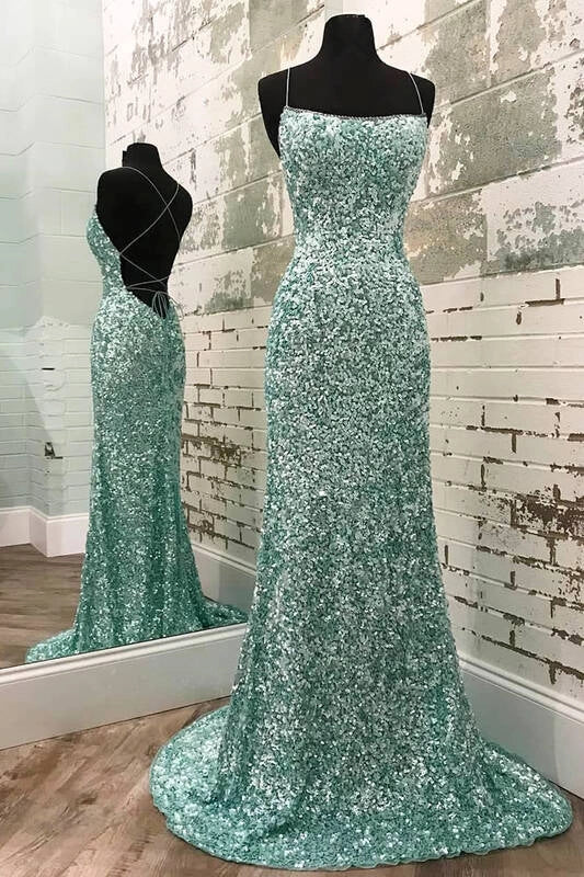 Mint Green Sparkly Mermaid Prom Dress,Long Backless Evening Dresses simple gentle atmospheric and unique desi Bring summer colors to enhance whiteness