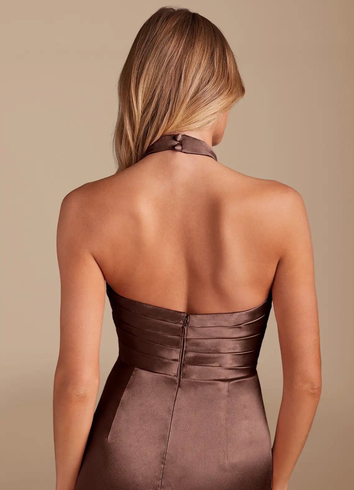 Mocha Satin Halter Neck Maxi Dress with Side Slit Espresso Sheath Pleated Metallic Satin Dress Bridesmaid Dresses