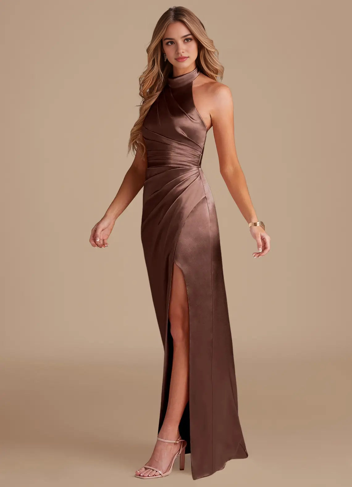 Mocha Satin Halter Neck Maxi Dress with Side Slit Espresso Sheath Pleated Metallic Satin Dress Bridesmaid Dresses
