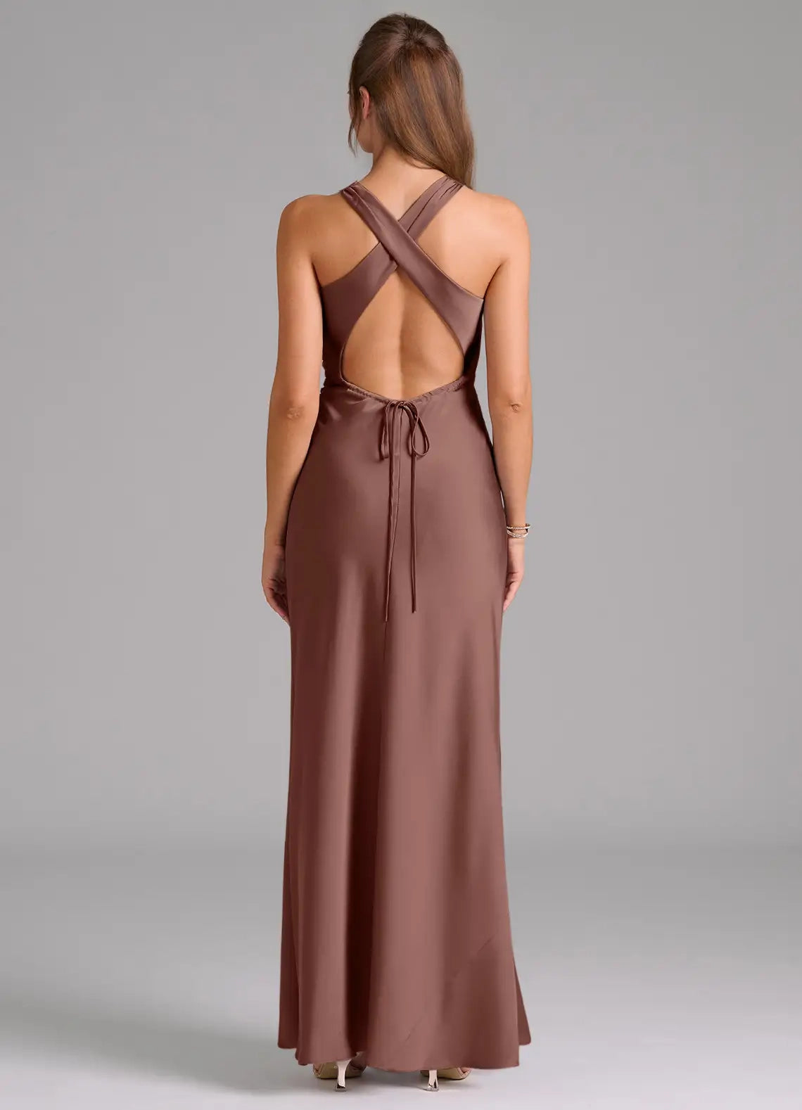 Mocha Satin High Neck Maxi Dress with Side Ruched Detail Espresso A-Line Pleated Stretch Satin Dres Bridesmaid Dresses