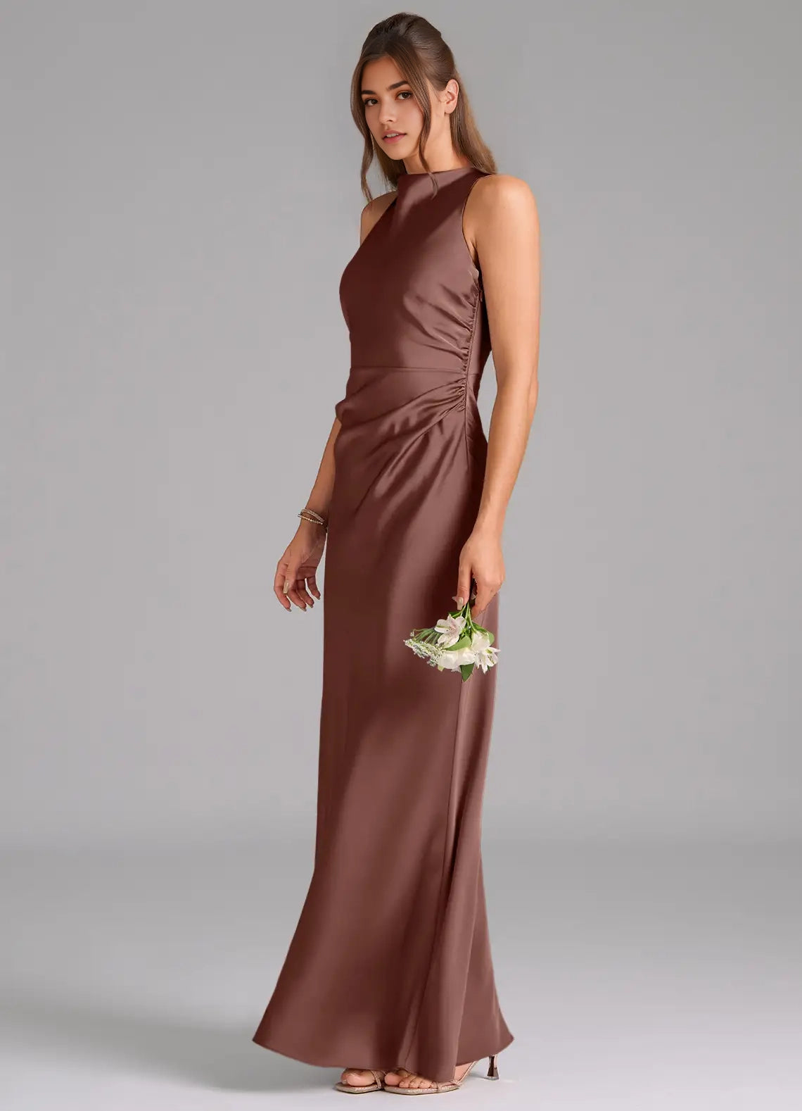 Mocha Satin High Neck Maxi Dress with Side Ruched Detail Espresso A-Line Pleated Stretch Satin Dres Bridesmaid Dresses