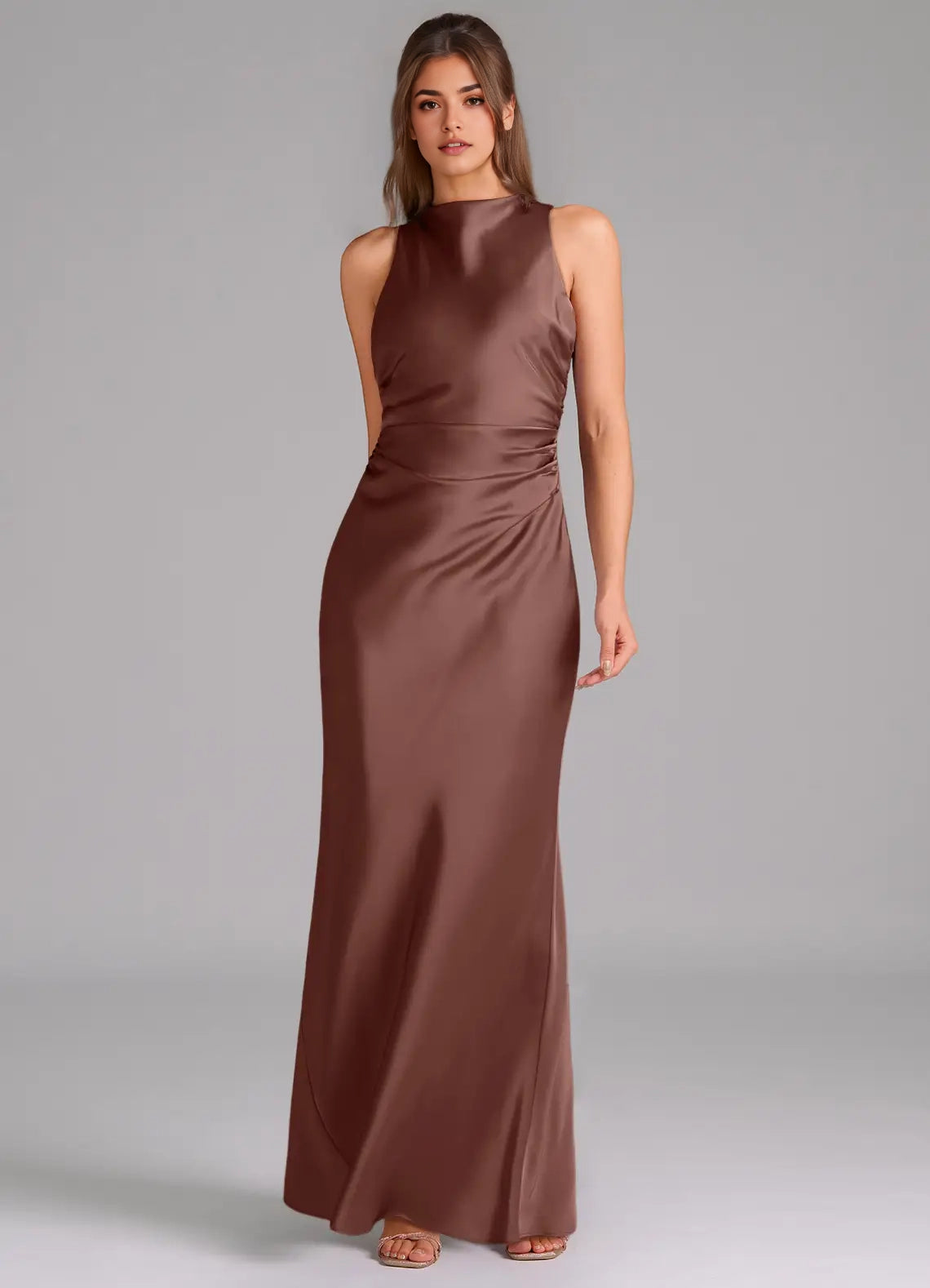 Mocha Satin High Neck Maxi Dress with Side Ruched Detail Espresso A-Line Pleated Stretch Satin Dres Bridesmaid Dresses