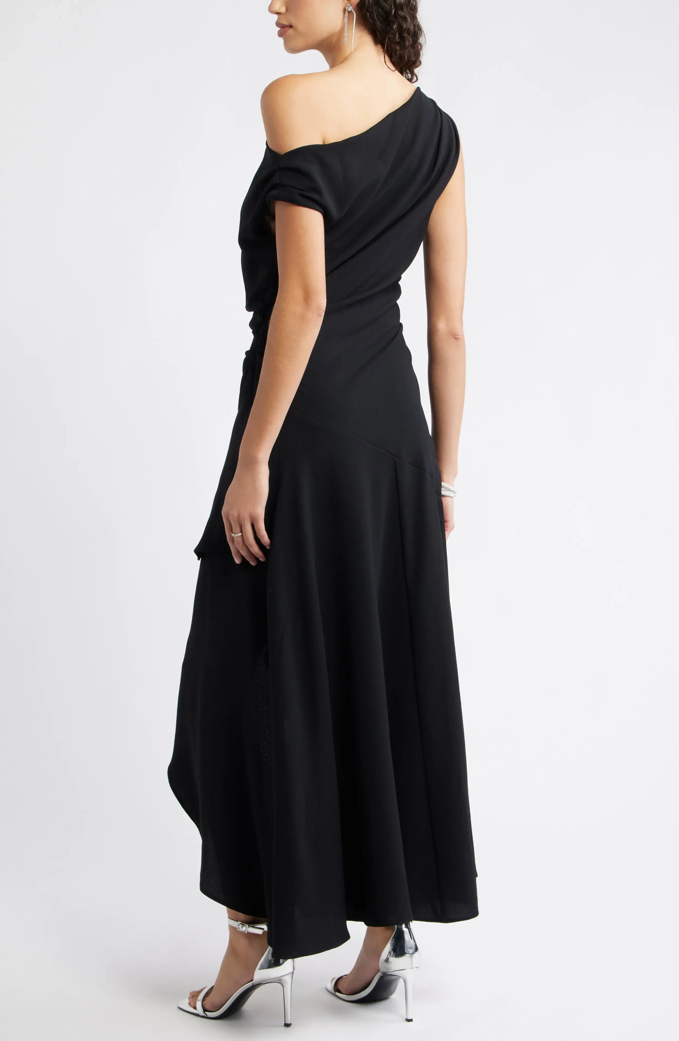 Modern Asymmetric One Shoulder Ruffled Hem High Low Evening Dress