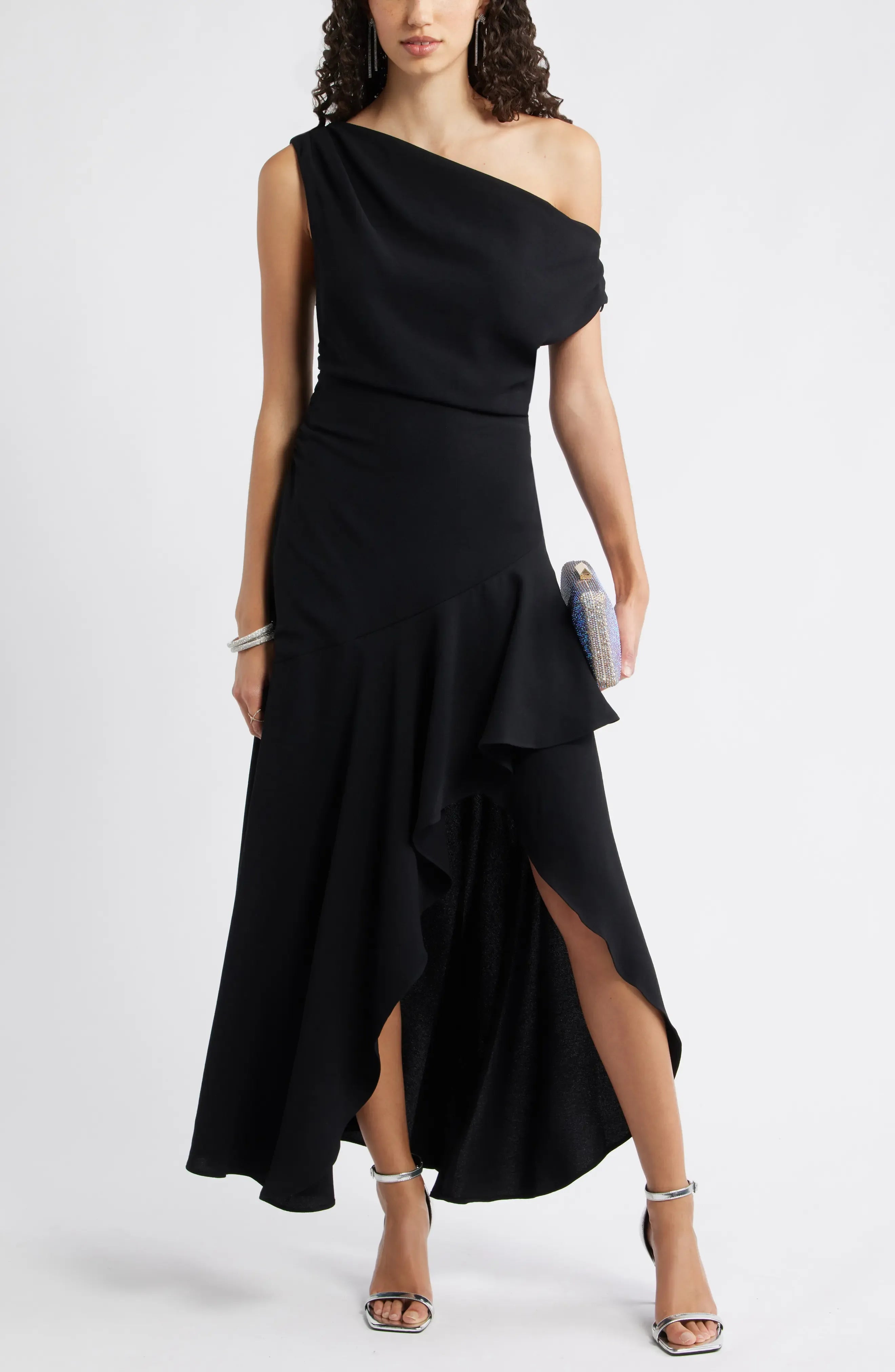 Modern Asymmetric One Shoulder Ruffled Hem High Low Evening Dress