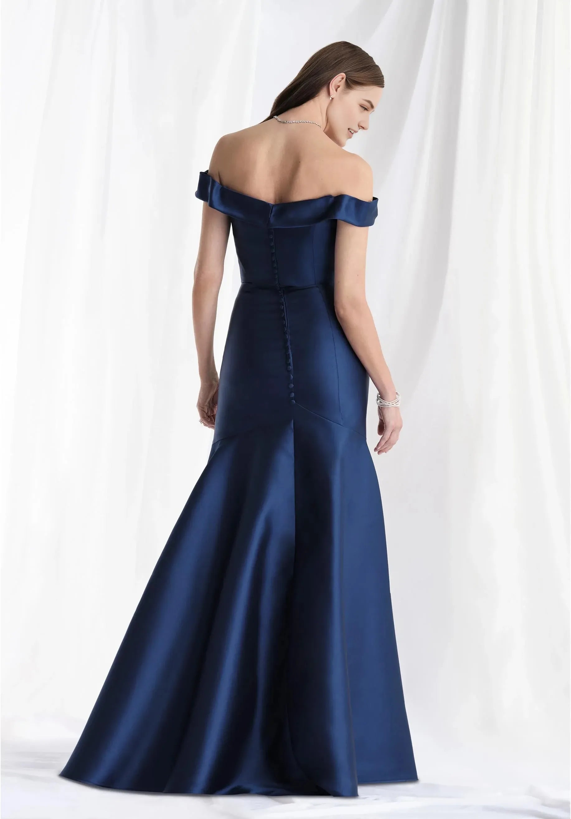 Modern Mermaid Off-Shoulder Short-Sleeve Button-Back Floor-Length Prom Dress