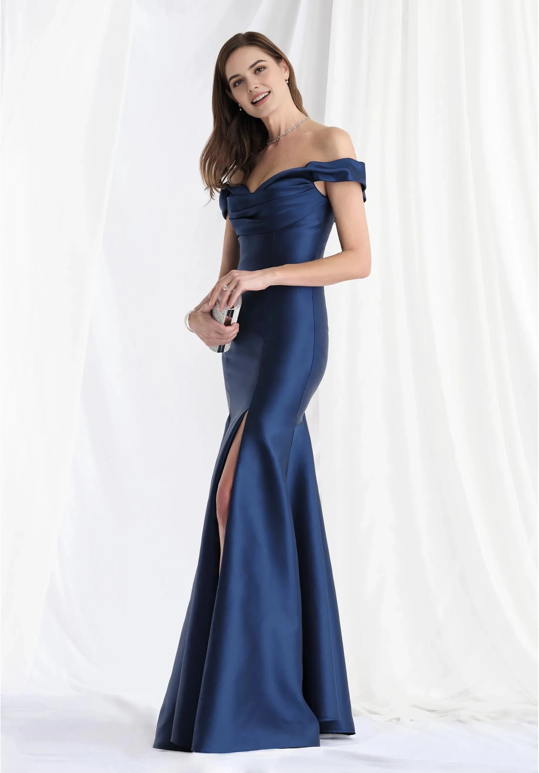 Modern Mermaid Off-Shoulder Short-Sleeve Button-Back Floor-Length Prom Dress
