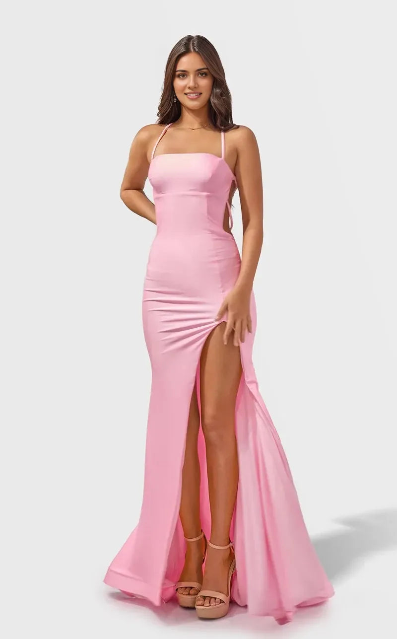 Modern Mermaid Square-Neck Sleeveless Lace-Up-Back Floor-Length Prom Dress