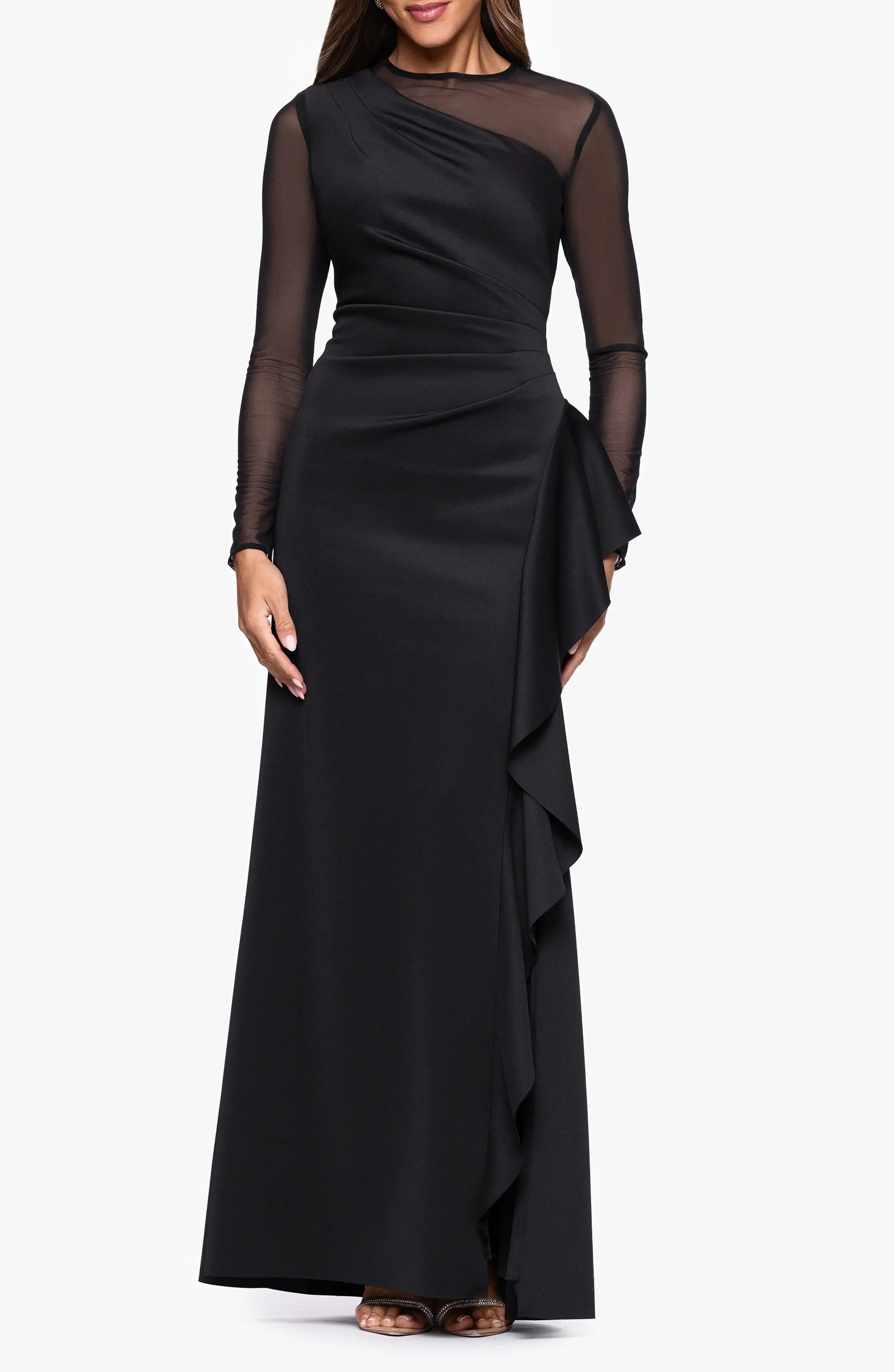 Modern Sheath One Shoulder Mesh Sleeve Ruffled Back Maxi For Sale Evening Dress