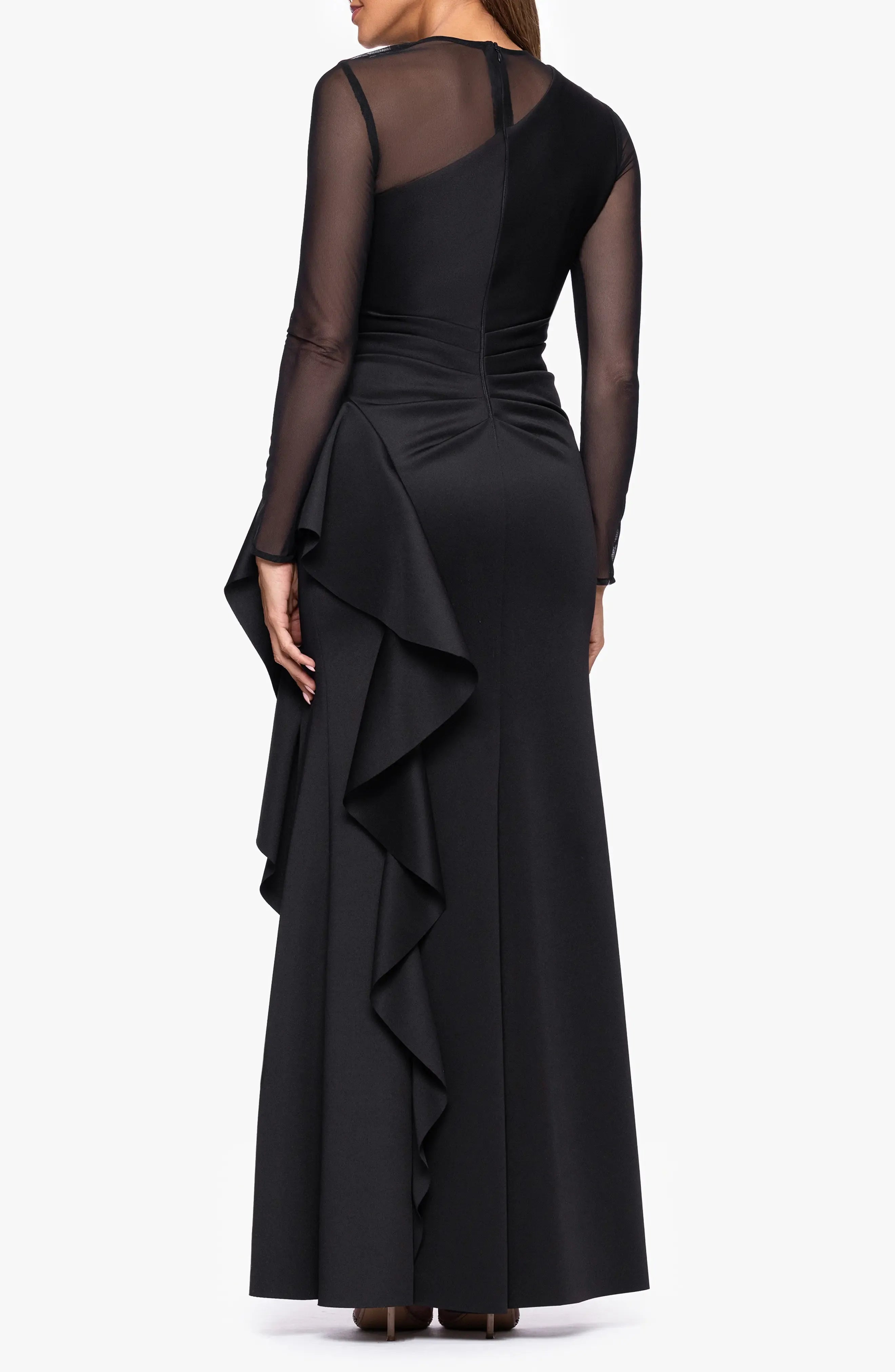 Modern Sheath One Shoulder Mesh Sleeve Ruffled Back Maxi For Sale Evening Dress