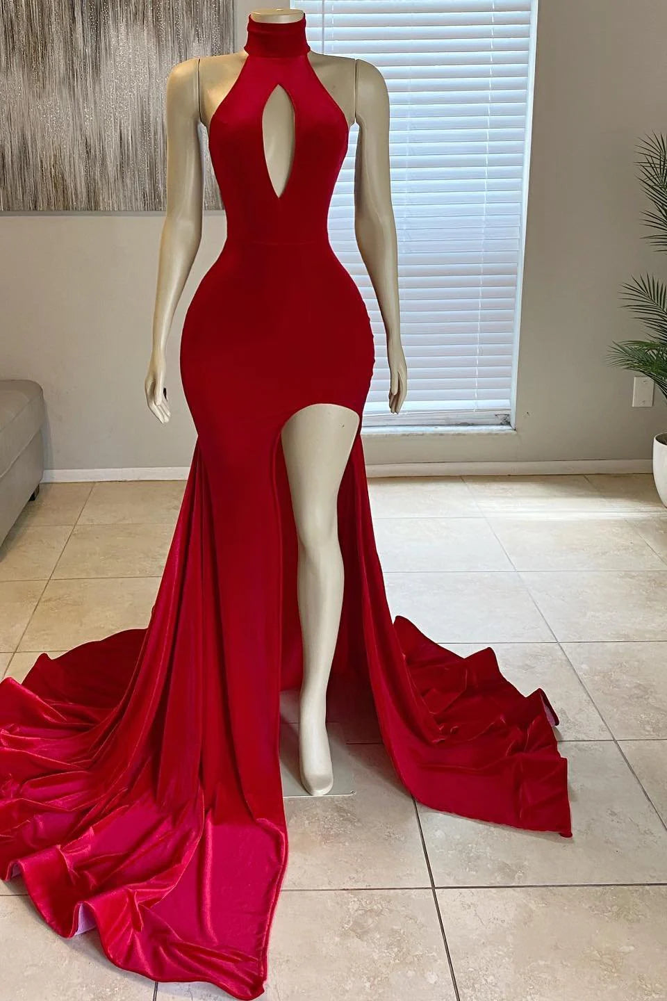 Modern High Neck Red Leg Split Mermaid Prom Dress Long simple gentle atmospheric and unique desi Bring summer colors to enhance whiteness