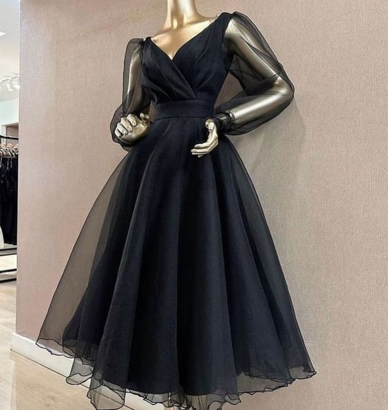 Modest A Line V Neckline Long Sleeves Black Tulle Prom Dresses Evening Dress formal wear dresses simple gentle atmospheric and unique desi Bring summer colors to enhance whiteness