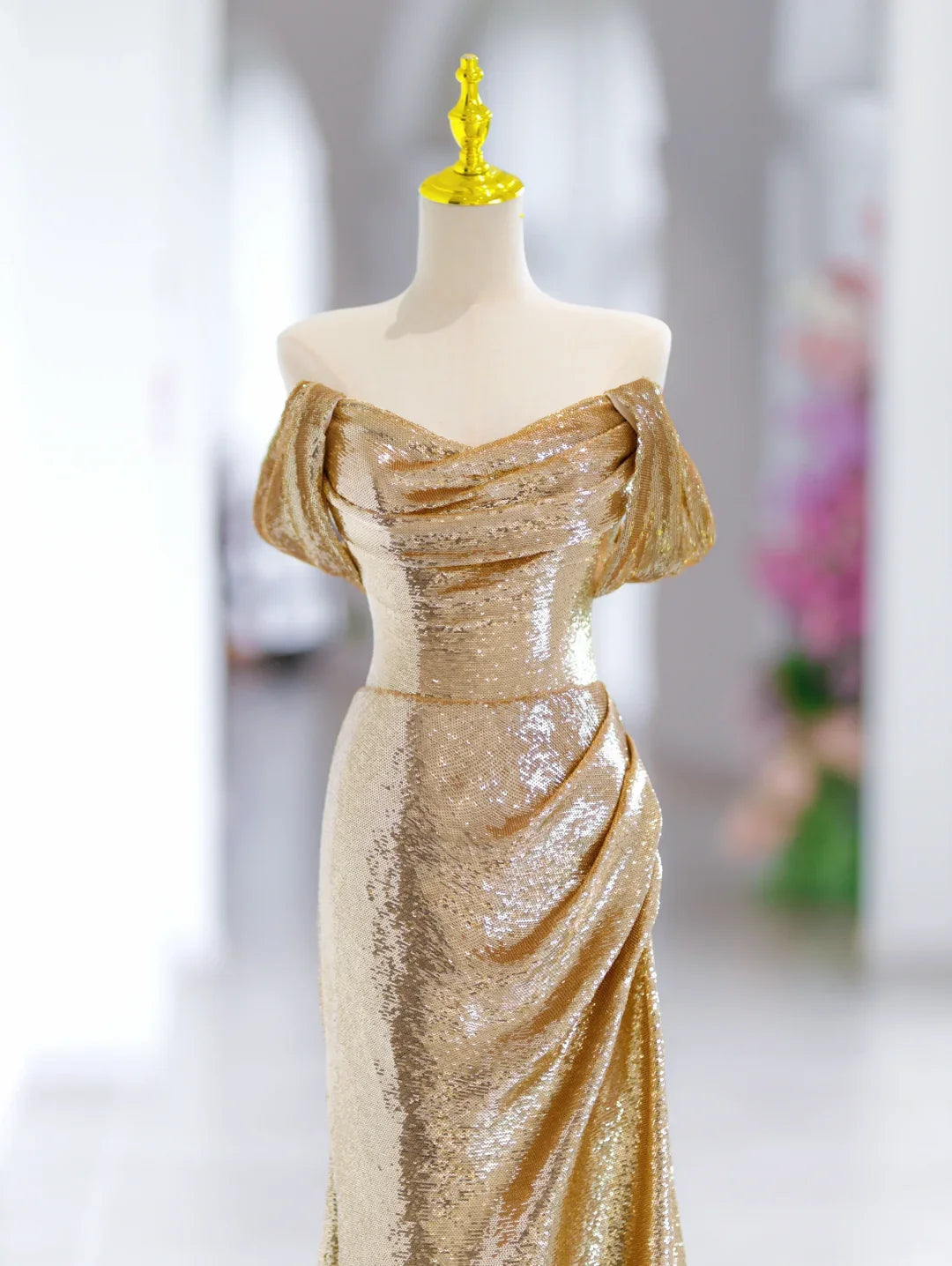 Modest Mermaid Off The Shoulder Gold Sequin Long Evening Party Gowns Evening Dress Special Formal Dresses Prom Dress