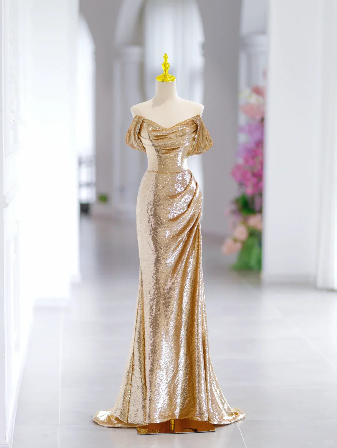 Modest Mermaid Off The Shoulder Gold Sequin Long Evening Party Gowns Evening Dress Special Formal Dresses Prom Dress