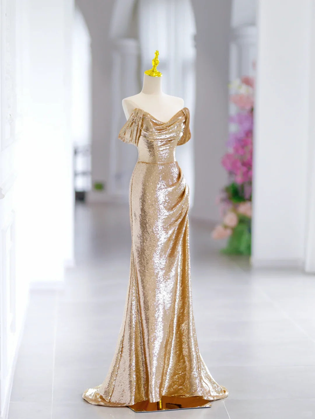 Modest Mermaid Off The Shoulder Gold Sequin Long Evening Party Gowns Evening Dress Special Formal Dresses Prom Dress