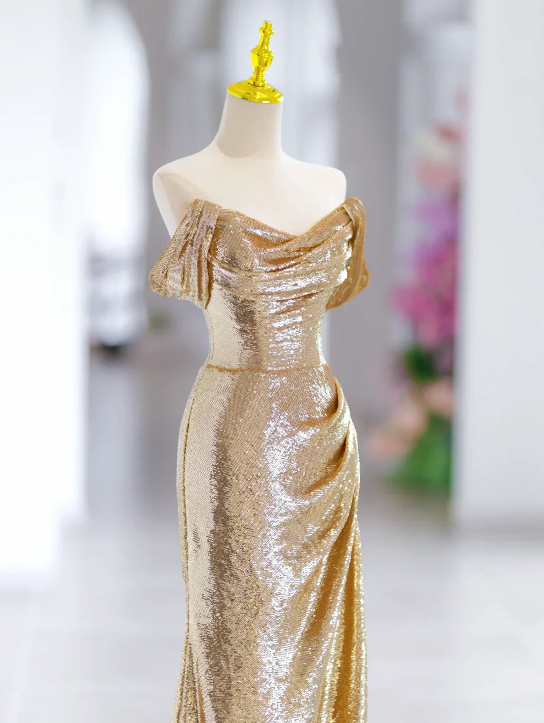 Modest Mermaid Off The Shoulder Gold Sequin Long Evening Party Gowns Evening Dress Special Formal Dresses Prom Dress