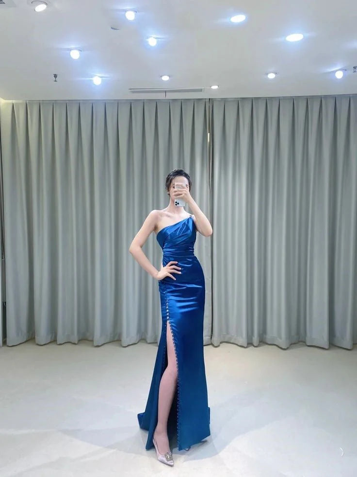 Modest Sheath One Shoulder Satin Long Prom Gown Summer Wedding Guest Dress Bridal Guest Dresses Wedding Outfits For Guest simple gentle atmospheric and unique desi Bring summer colors to enhance whiteness