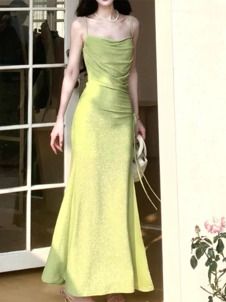 Modest Sheath Spaghetti Straps Green Long Prom Dresses Evening Dress With Ruffles formal wear dresses