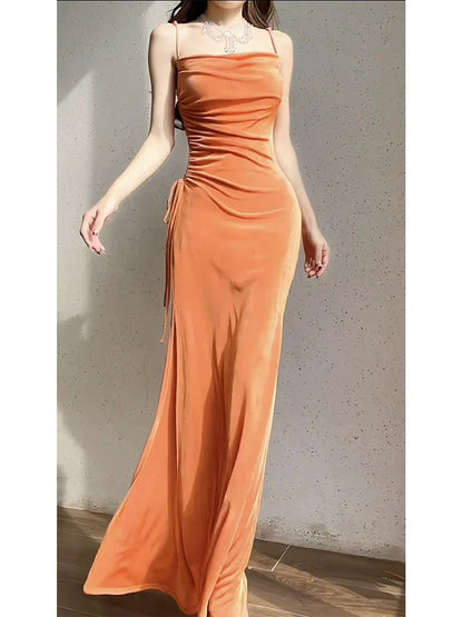 Modest Sheath Spaghetti Straps Velvet Long Organge Prom Dress Evening Dresses formal wear dresses simple gentle atmospheric and unique desi Bring summer colors to enhance whiteness
