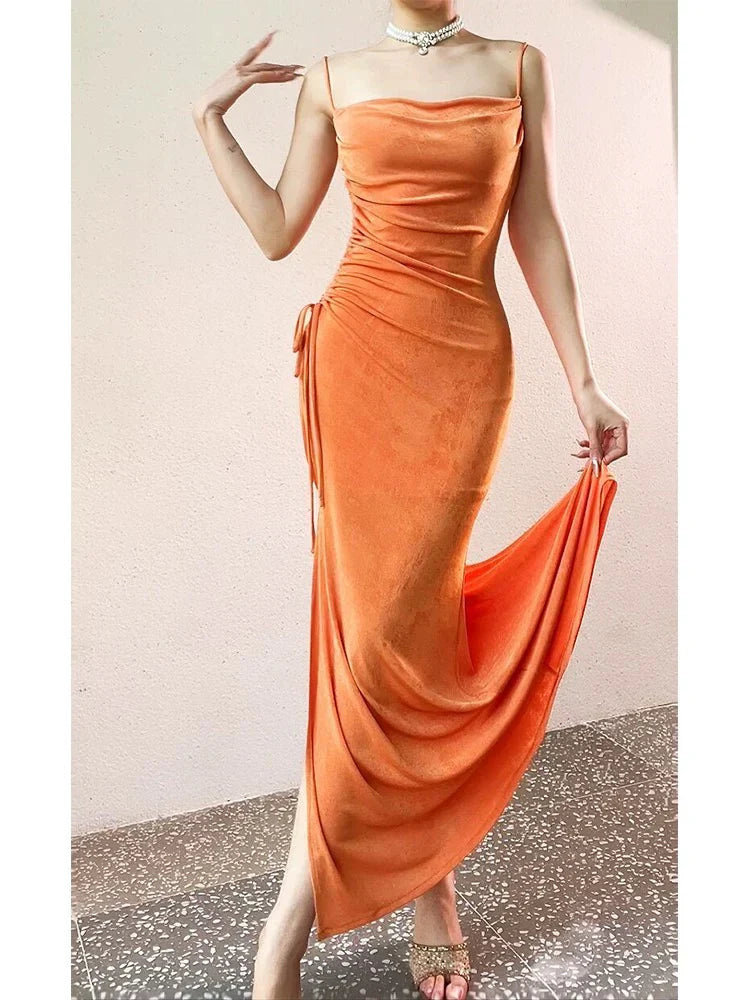 Modest Sheath Spaghetti Straps Velvet Long Organge Prom Dress Evening Dresses formal wear dresses simple gentle atmospheric and unique desi Bring summer colors to enhance whiteness