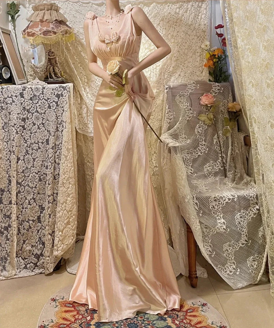 Morandi light pink floral long satin ball gown evening dress simple gentle atmospheric and unique desi Bring summer colors to enhance whiteness
