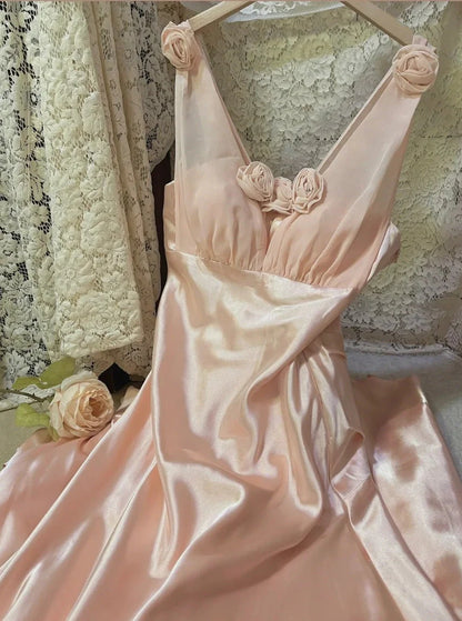 Morandi light pink floral long satin ball gown evening dress simple gentle atmospheric and unique desi Bring summer colors to enhance whiteness