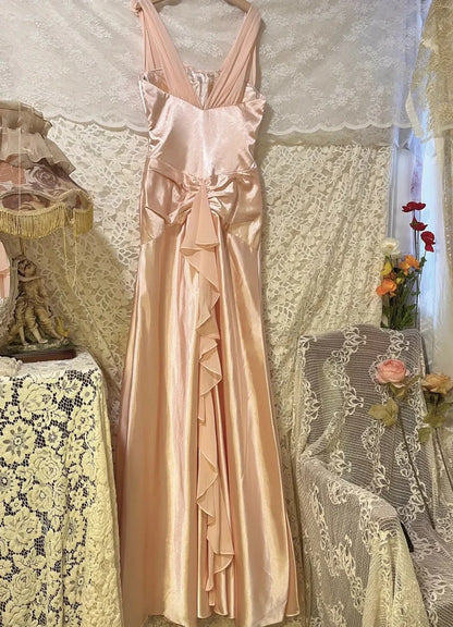 Morandi light pink floral long satin ball gown evening dress simple gentle atmospheric and unique desi Bring summer colors to enhance whiteness