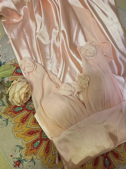 Morandi light pink floral long satin ball gown evening dress simple gentle atmospheric and unique desi Bring summer colors to enhance whiteness
