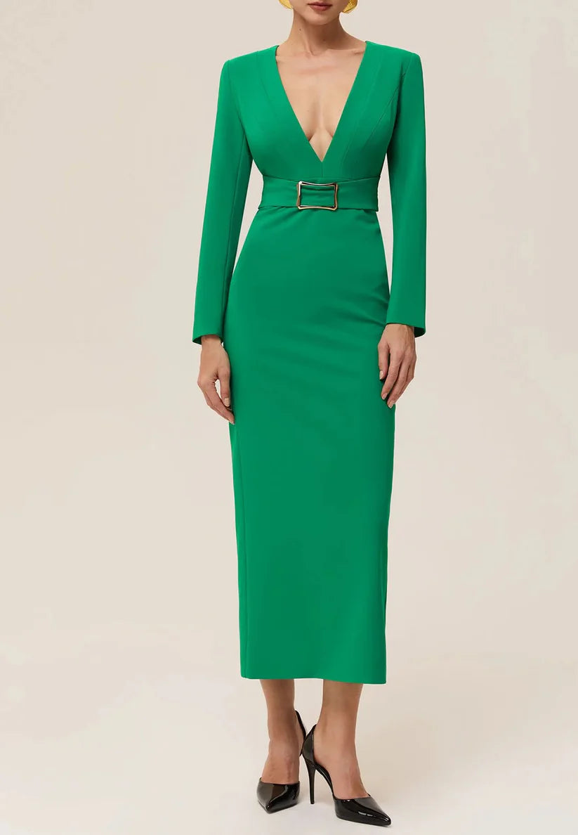 Green Deep V Neck Long Sleeve Sheath Maxi Dress simple gentle atmospheric and unique desi Bring summer colors to enhance whiteness