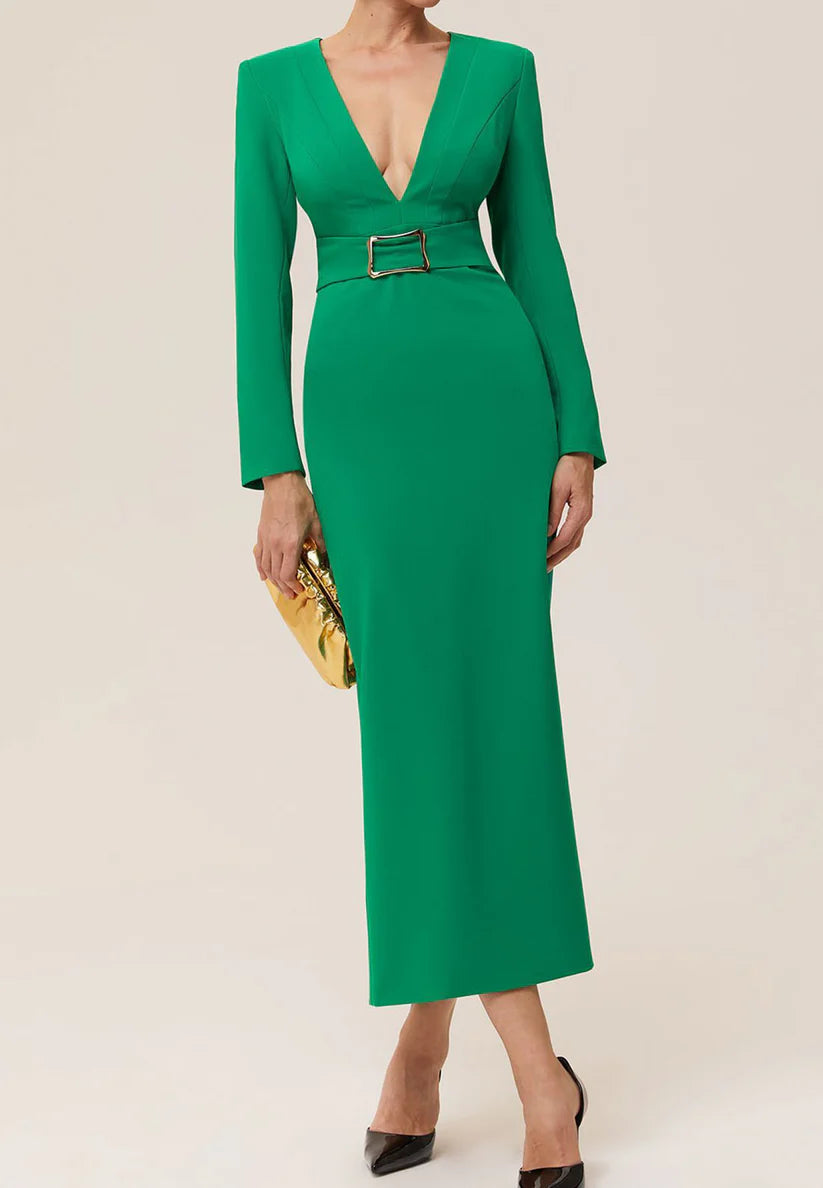 Green Deep V Neck Long Sleeve Sheath Maxi Dress simple gentle atmospheric and unique desi Bring summer colors to enhance whiteness