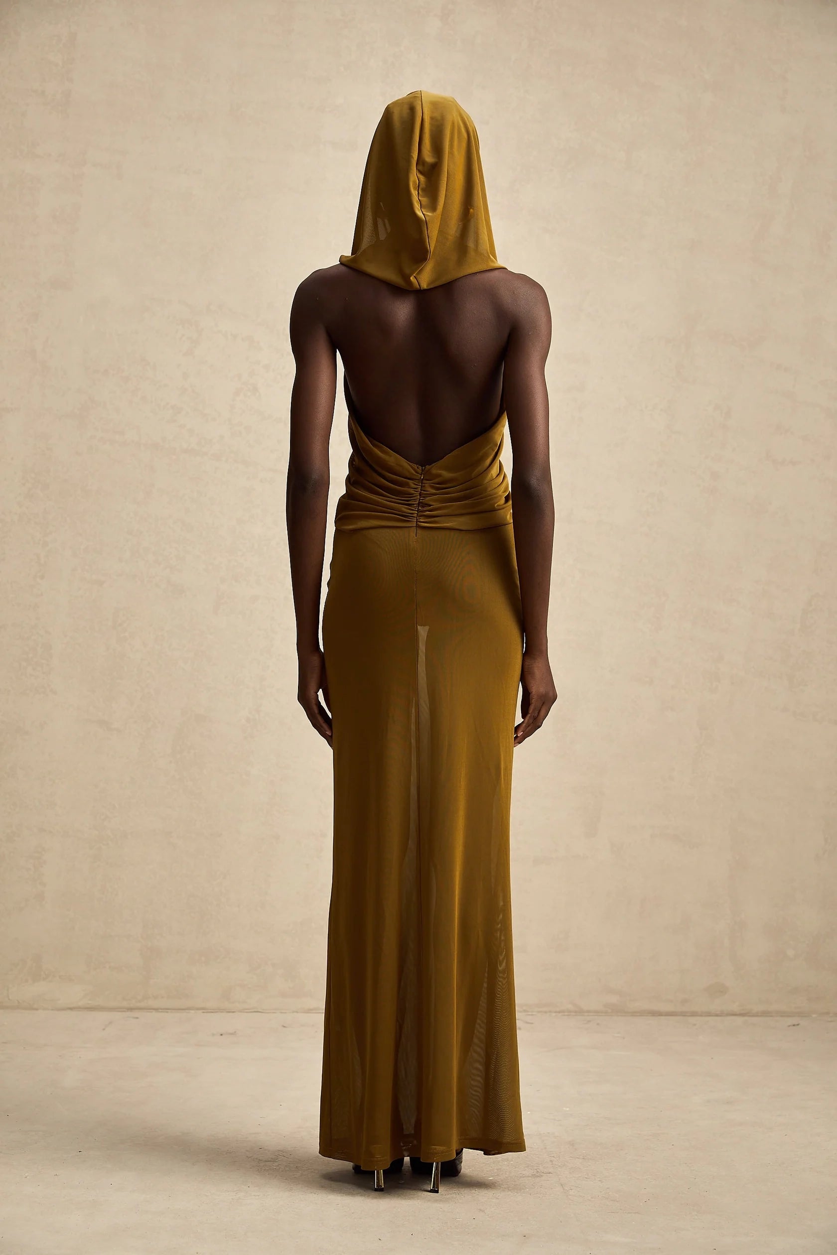 Mustard Yellow Draped Hooded Maxi Dress crossover backless hooded maxi dress Evening Dress