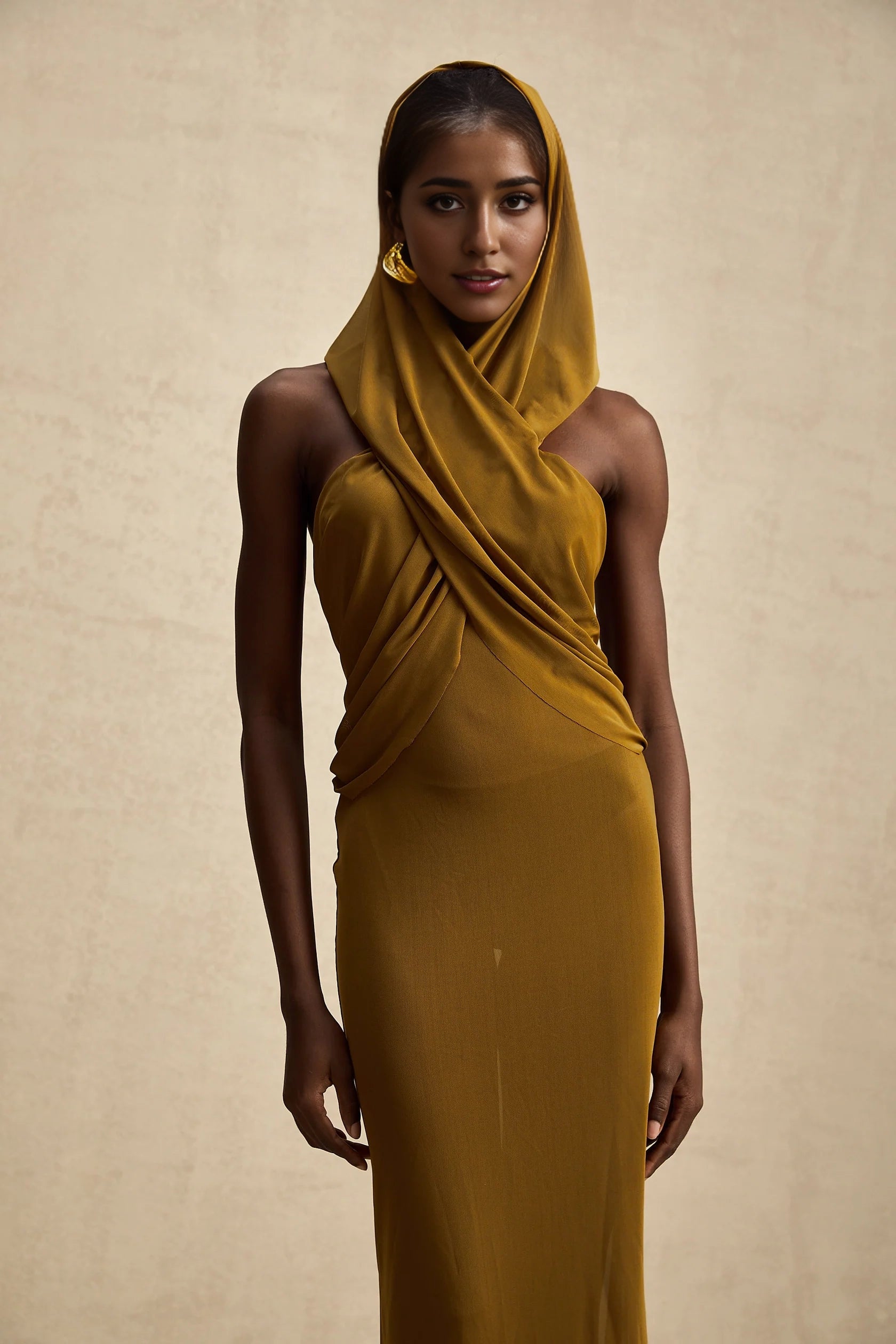 Mustard Yellow Draped Hooded Maxi Dress crossover backless hooded maxi dress Evening Dress