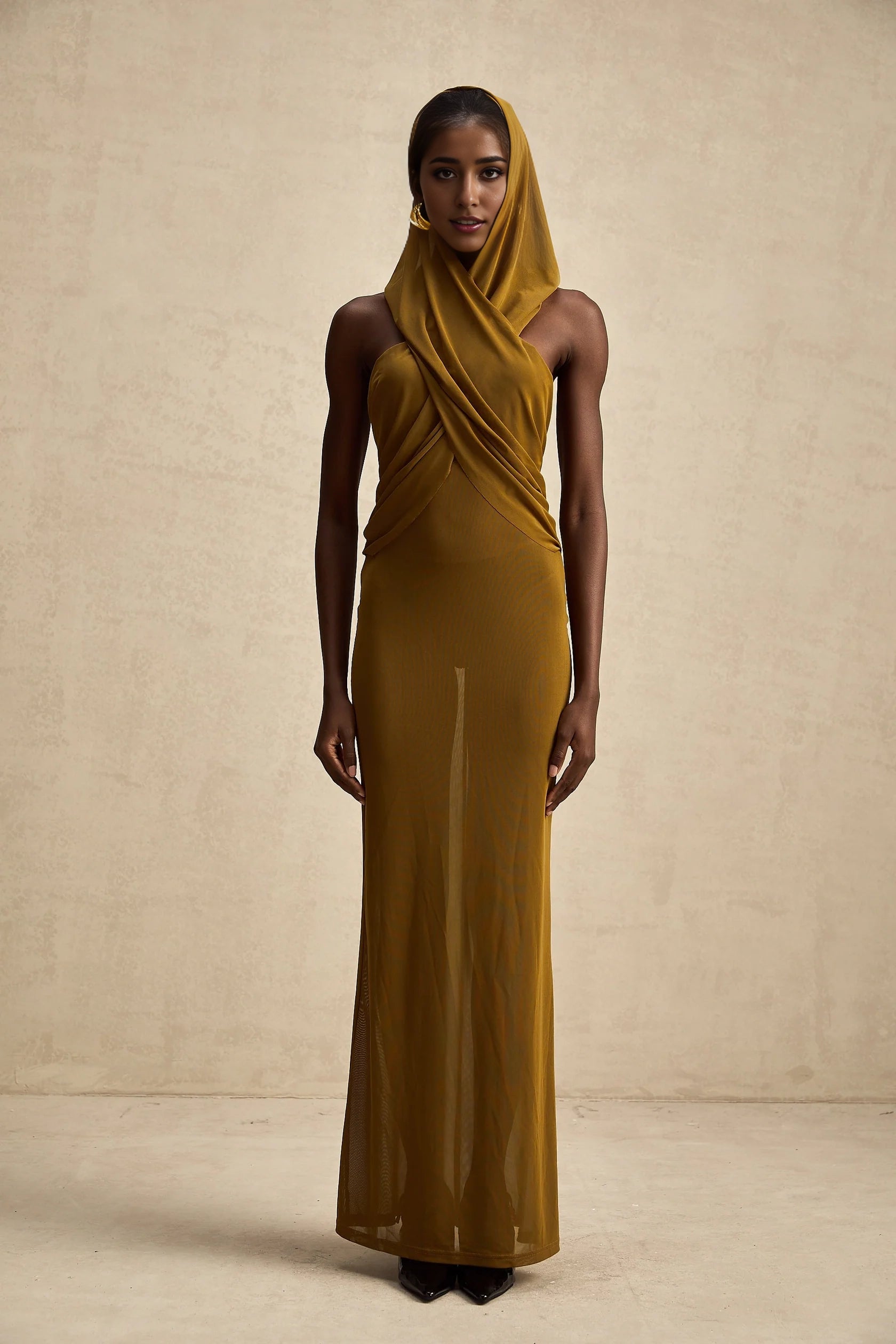 Mustard Yellow Draped Hooded Maxi Dress crossover backless hooded maxi dress Evening Dress