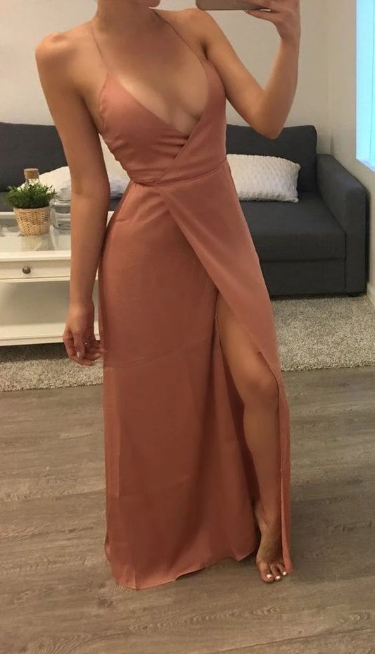 Naked pink long dress, neck hanging deep V-neck, waist cinching split skirt suitable for dinners, parties and other occasions
