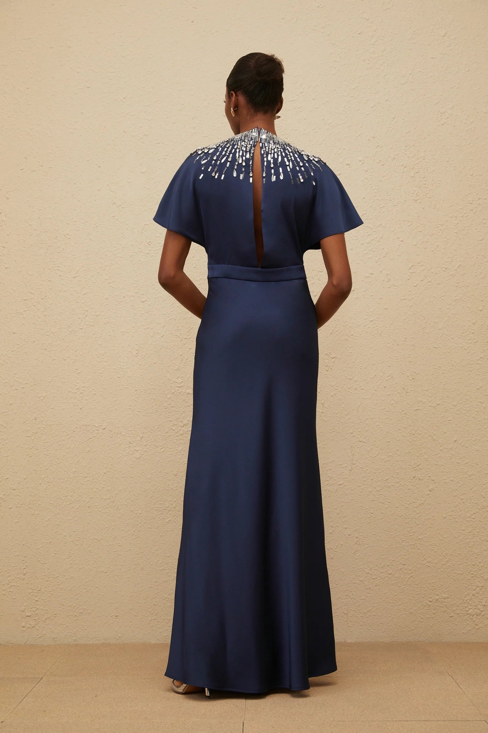 Blue Embellished Satin Maxi Dress Navy Blue Beaded Neck Maxi Dress with Flutter Sleeves Evening Dress