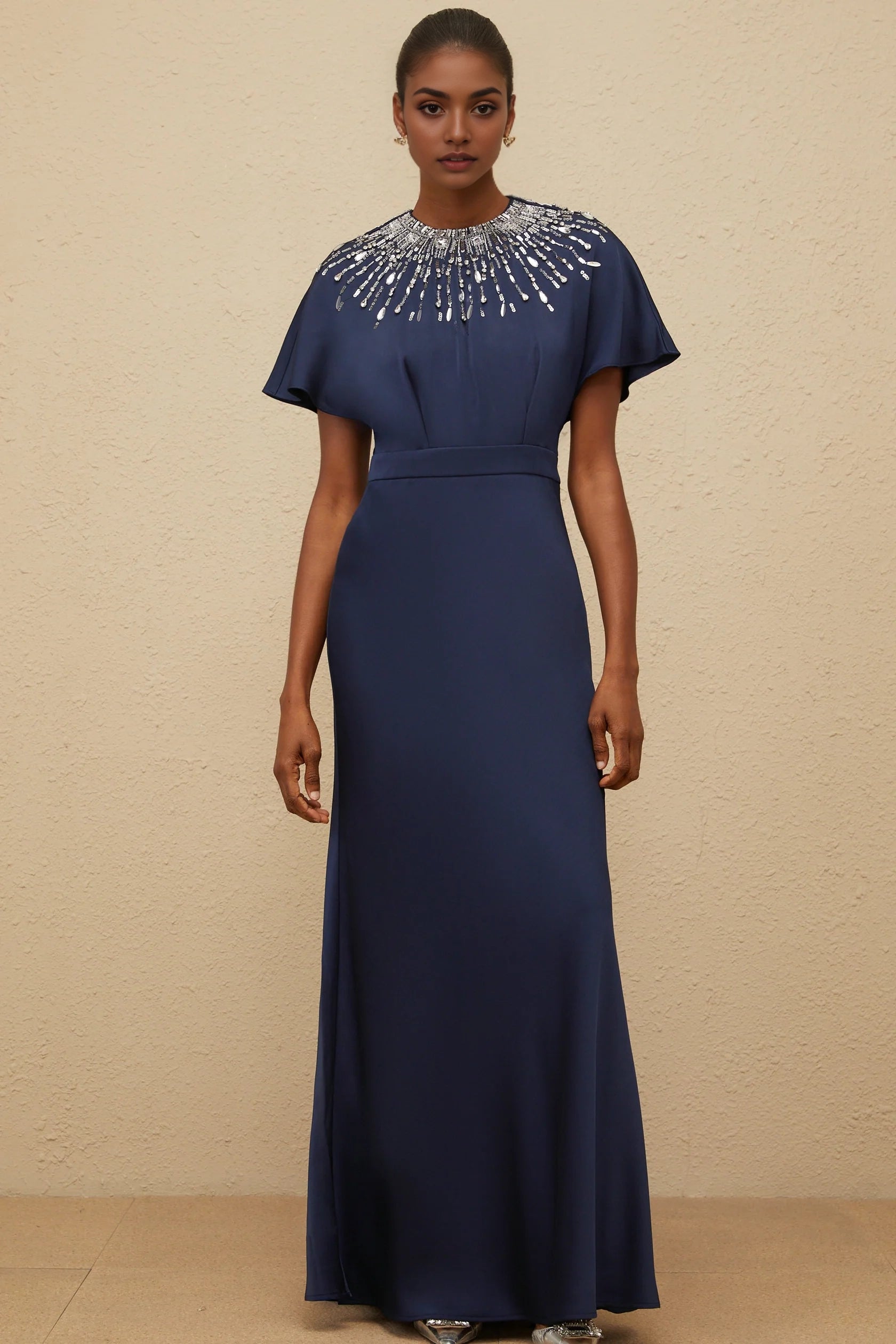 Blue Embellished Satin Maxi Dress Navy Blue Beaded Neck Maxi Dress with Flutter Sleeves Evening Dress