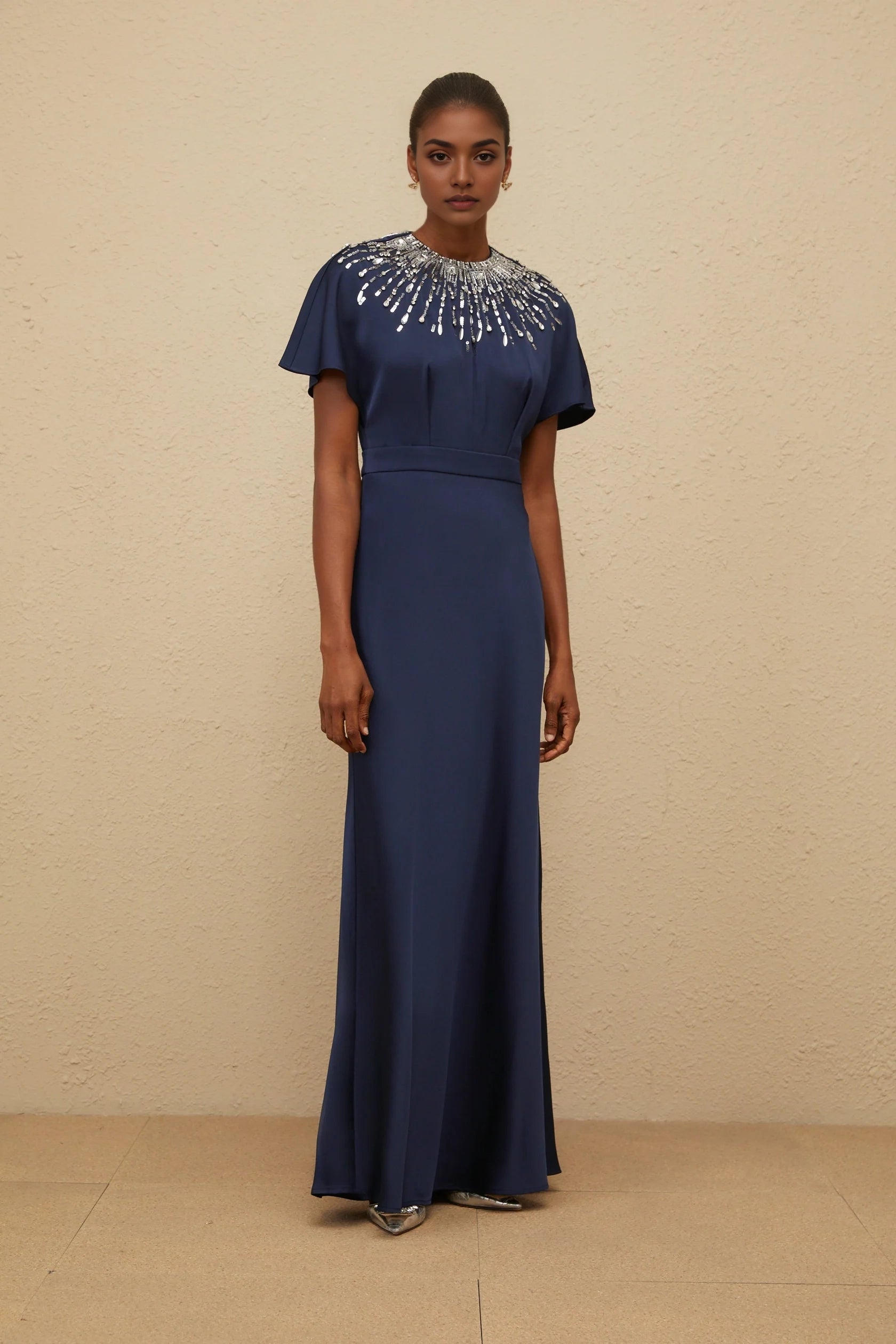Blue Embellished Satin Maxi Dress Navy Blue Beaded Neck Maxi Dress with Flutter Sleeves Evening Dress