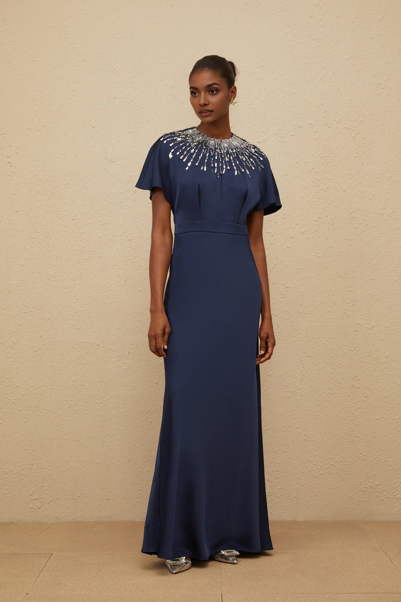 Blue Embellished Satin Maxi Dress Navy Blue Beaded Neck Maxi Dress with Flutter Sleeves Evening Dress