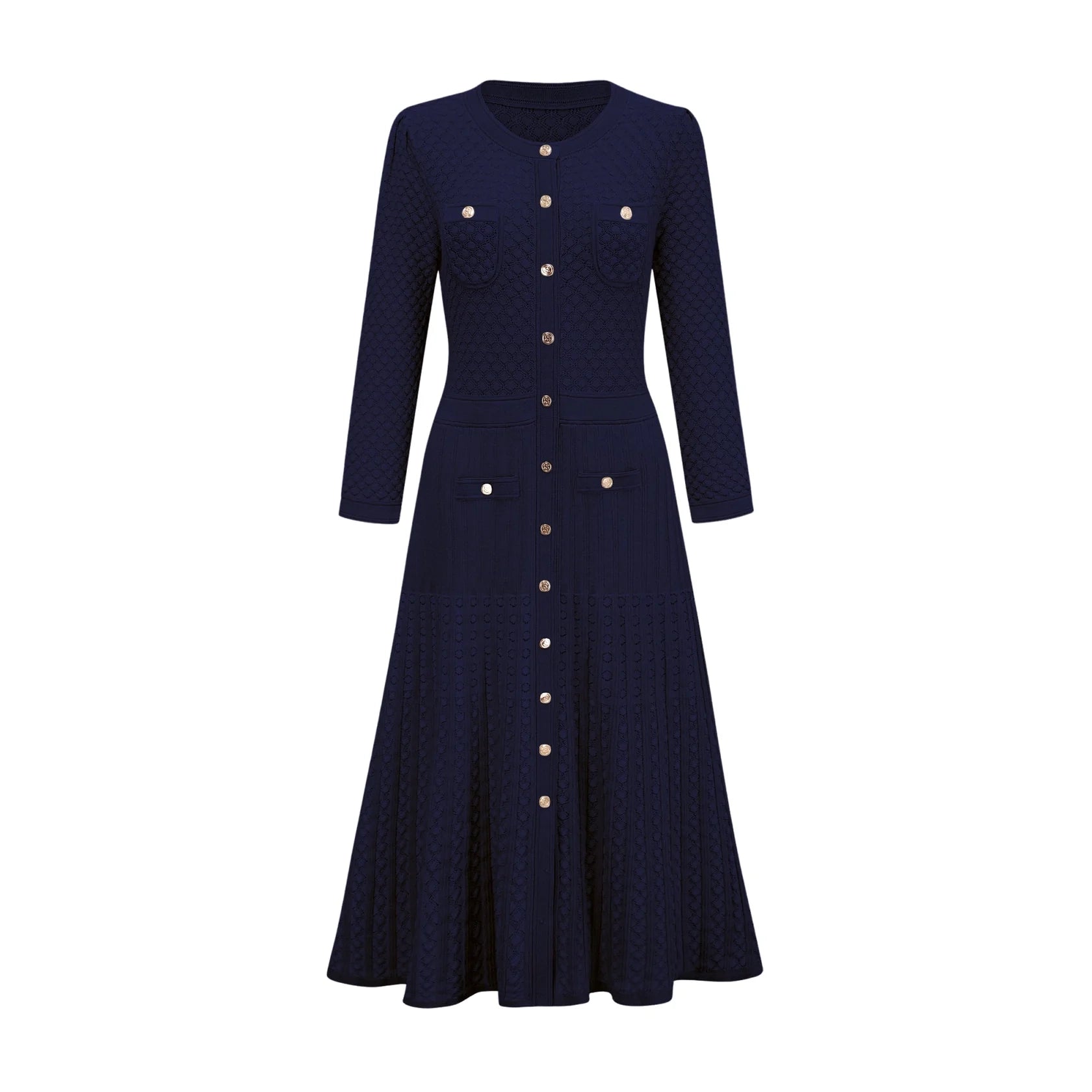 Navy Blue Button - Front Midi Dress with Textured Detail knitted long-sleeve midi dress in Blue Evening Dress